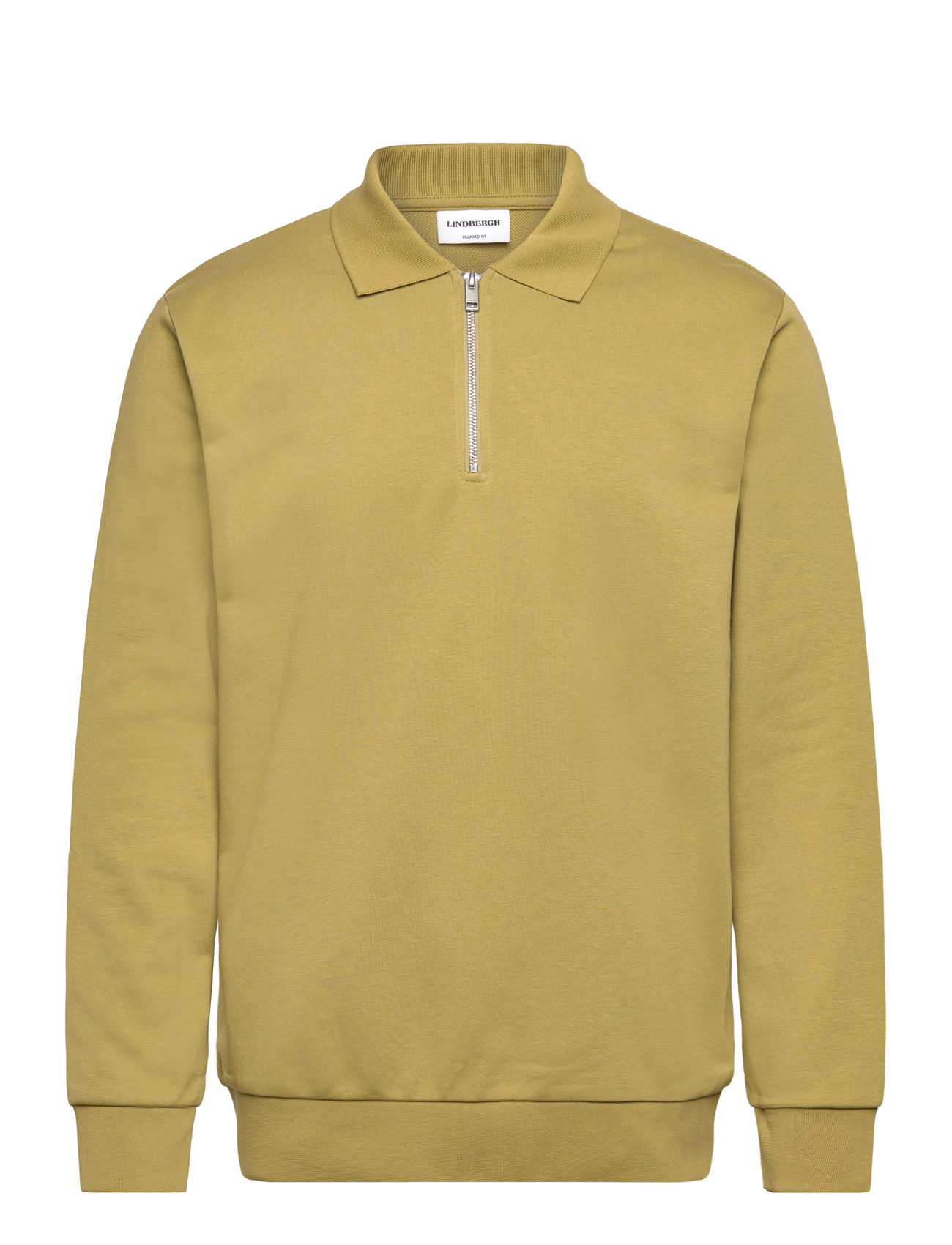Lindbergh Sweat Polo With Zip L/S, L, Khaki green, Sweatshirts & Hættetrøjer > Sweatshirts, Herre