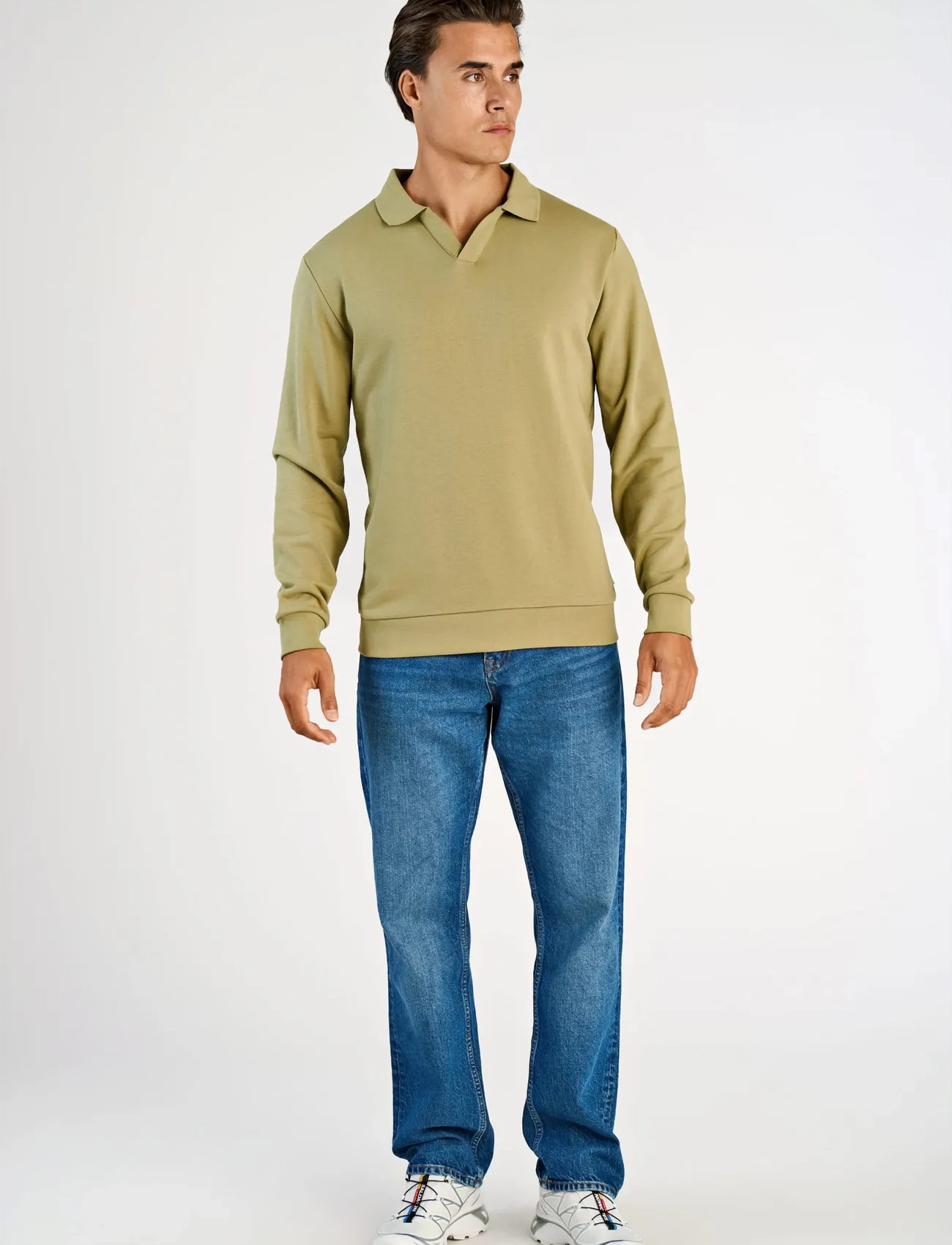 Lindbergh Sweat V-Neck Polo L/S, S, Khaki green, Poloer > Langærmede, Herre