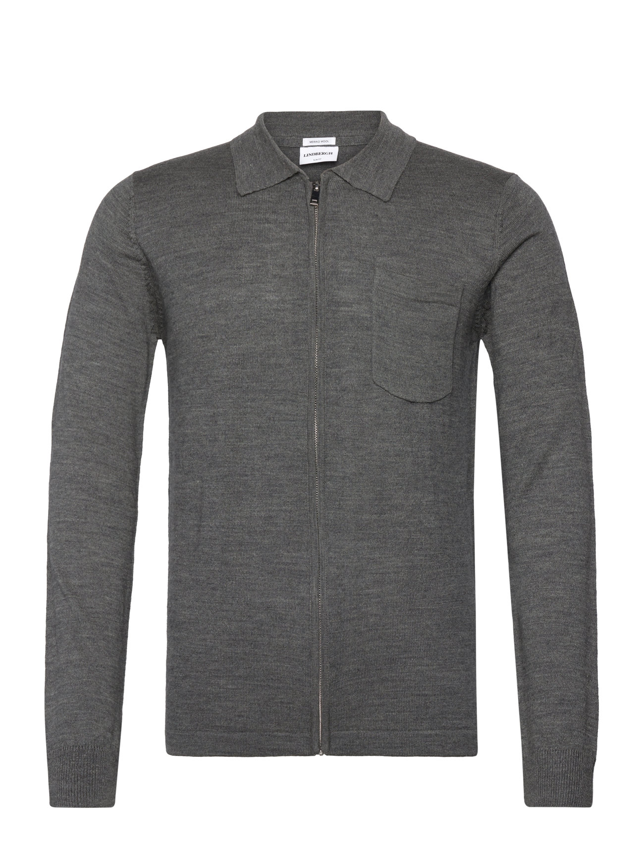 Lindbergh Merino Polo Collar Zip Cardigan Grå