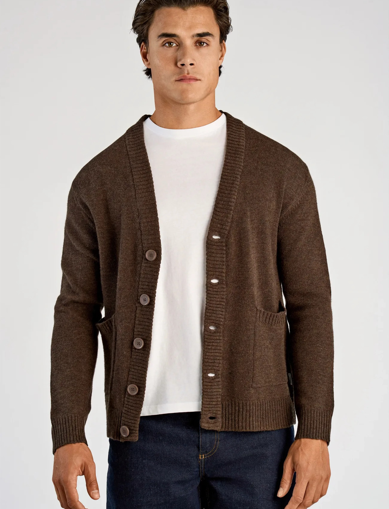 Lindbergh Lambswool Button Cardigan, L, Brown, Strik > Cardigans, Herre