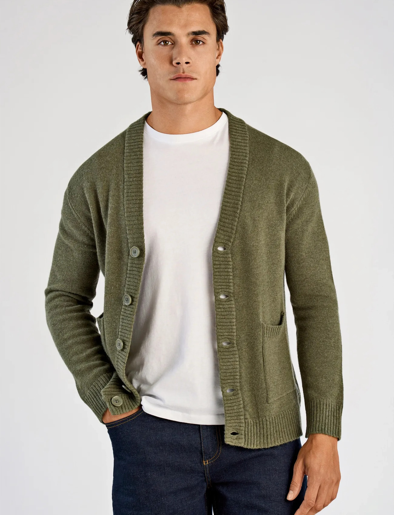 Lindbergh Lambswool Button Cardigan, L, Khaki green, Strik > Cardigans, Herre