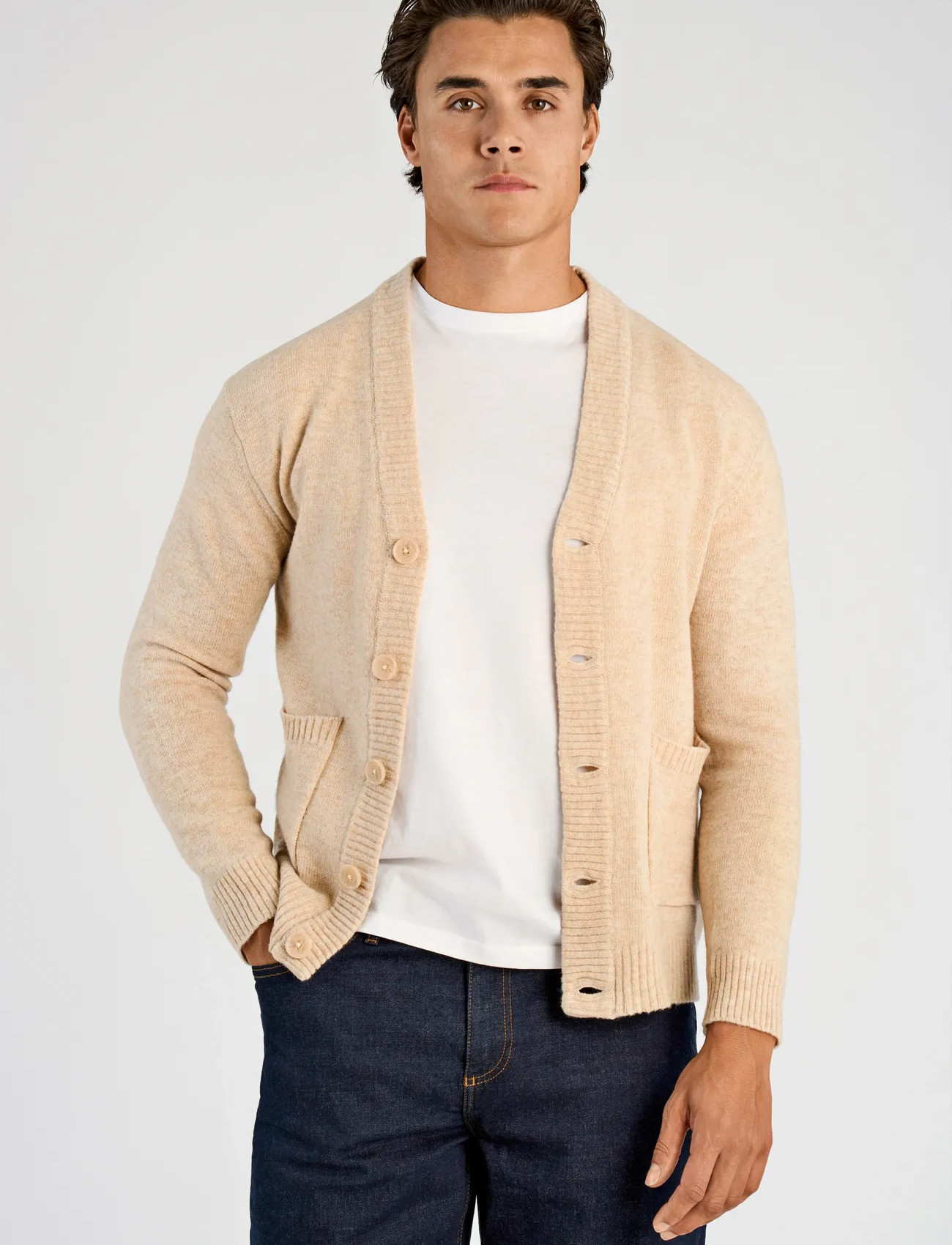 Lindbergh Lambswool Button Cardigan, XL, Beige, Strik > Cardigans, Herre