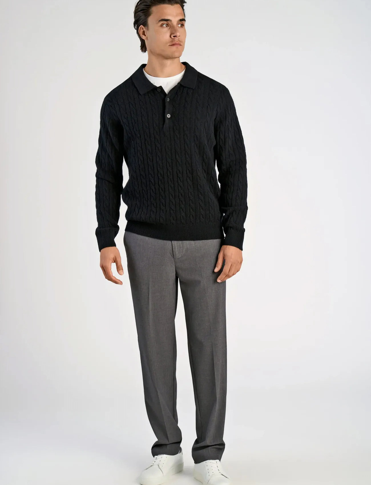 Lindbergh Lambswool L/S Button Polo, XXL, Black, Strik > Langærmede Strikkede Poloer, Herre
