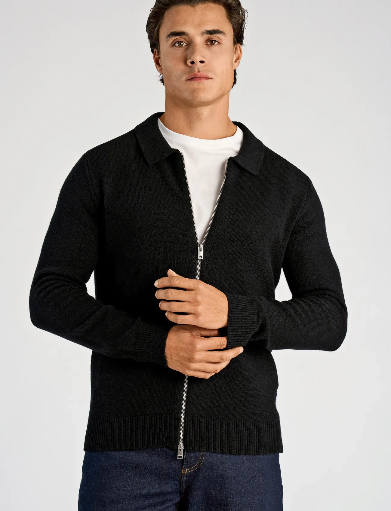 Lindbergh Lambswool L/S Cardigan With 2-Way Z, L, Black, Strik > Cardigans, Herre
