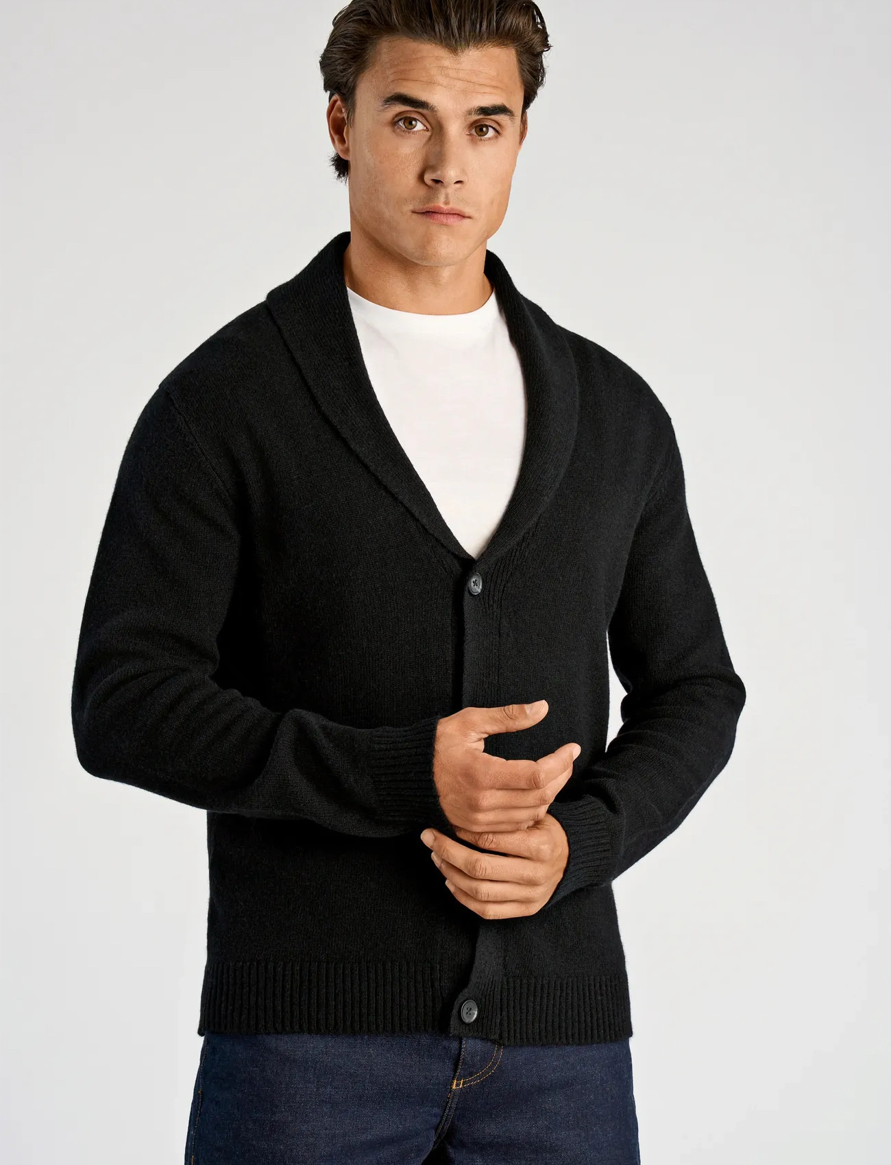 Lindbergh Lambswool Shawlcollar Cardigan, XL, Black, Strik > Cardigans, Herre