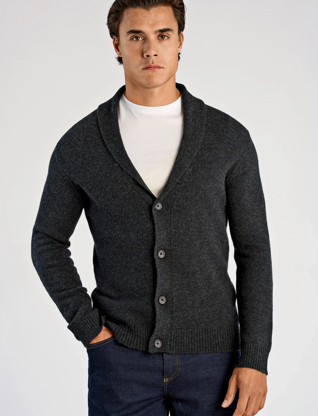Lindbergh Lambswool Shawlcollar Cardigan, XXL, Grey, Strik > Cardigans, Herre
