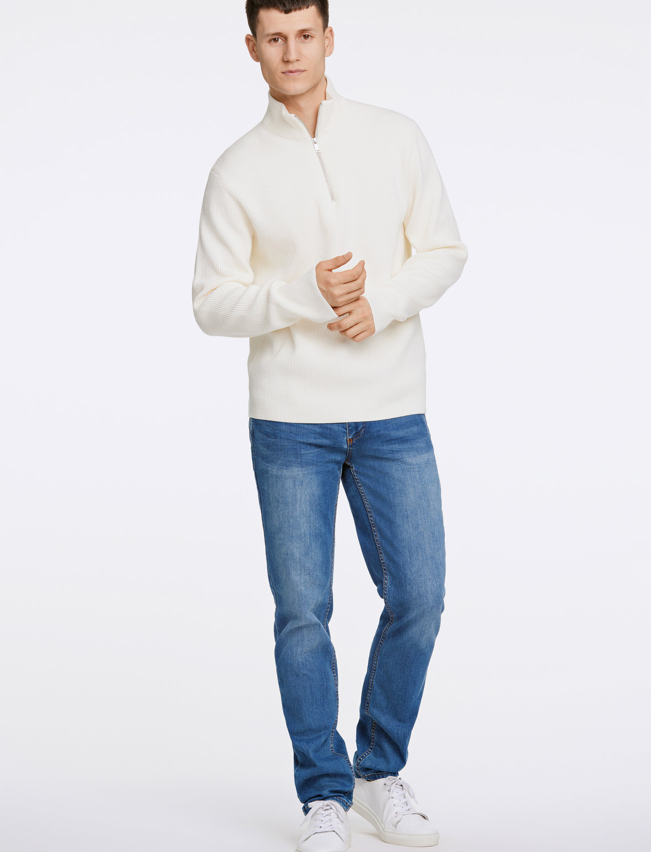 Lindbergh Half Zip Rib Knit, L, White, Strik > Trøjer Med Halv Lynlås, Herre