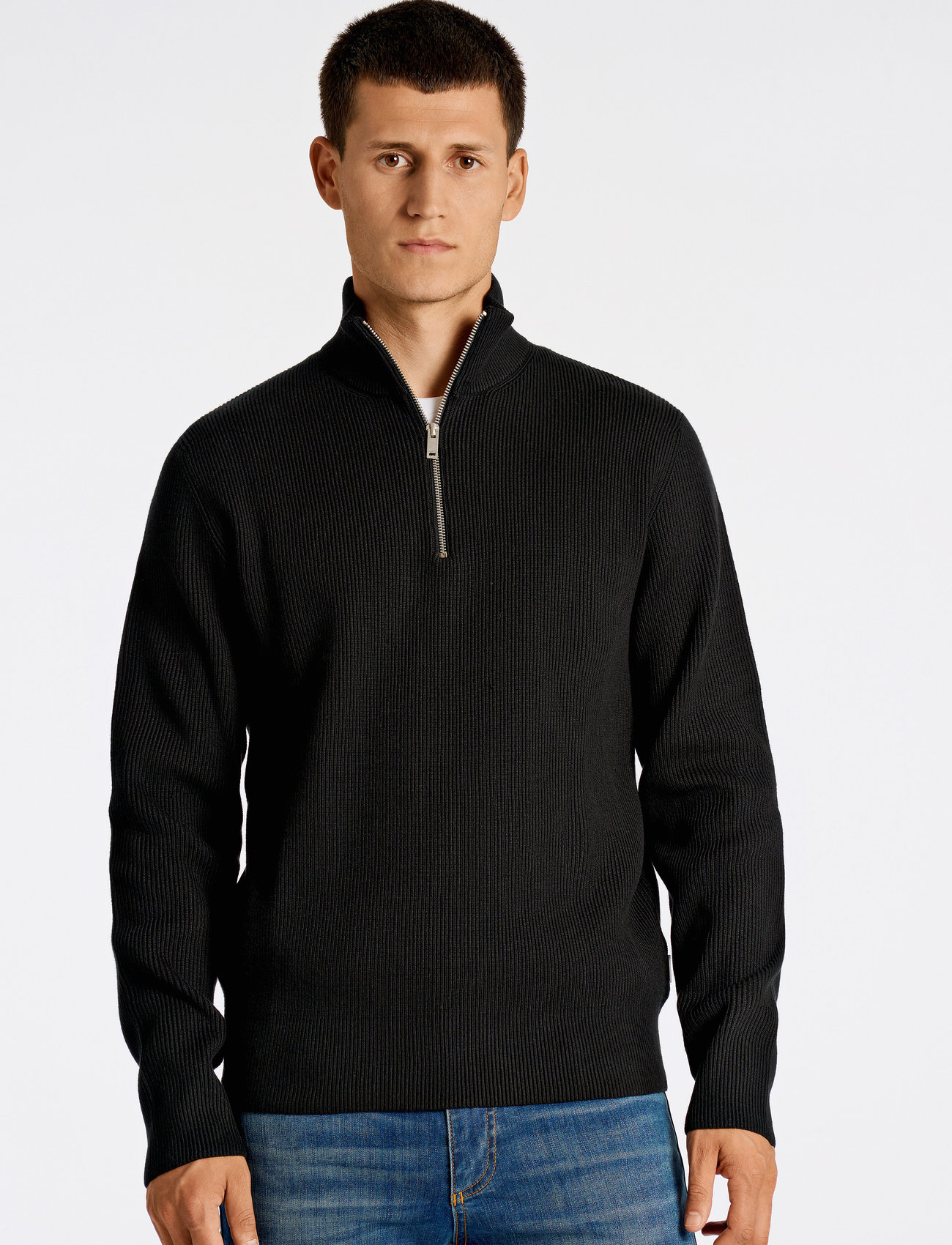 Lindbergh Half Zip Rib Knit, XL, Black, Strik > Trøjer Med Halv Lynlås, Herre