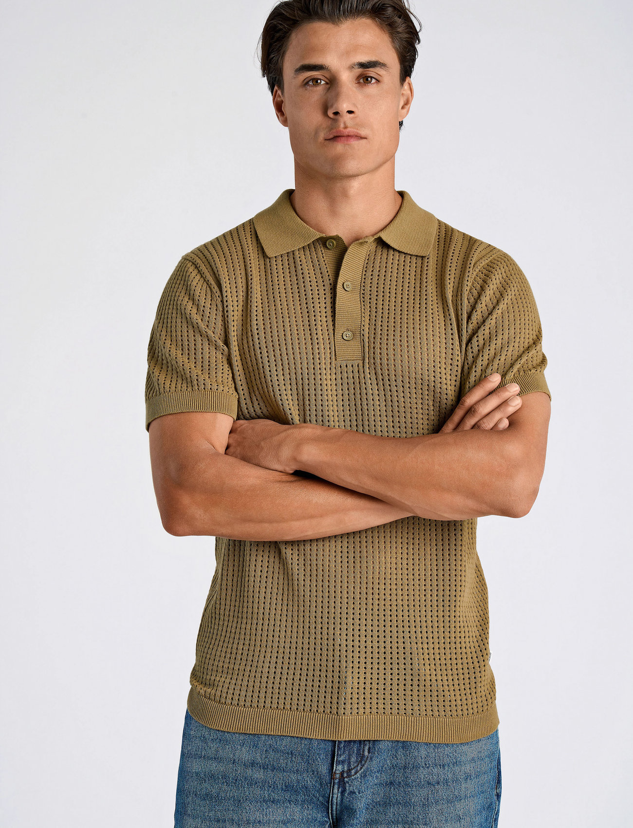 Lindbergh Crochet Knitted S/S V-Neck Polo, XXL, Khaki green, Poloer > Kortærmede, Herre