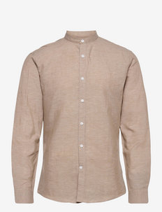 Mandarin linen blend shirt L/S - basic skjortor - sand