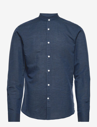 Mandarin linen blend shirt L/S - basic skjorter - dark navy