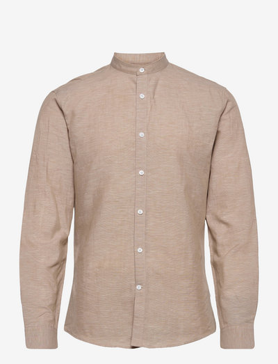 Mandarin linen blend shirt L/S - basic overhemden - sand