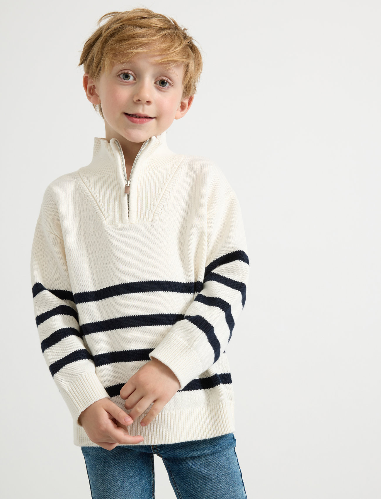 Lindex Sweater Knitted Half Zip, 92, White, Strik > Pullovere, Børn