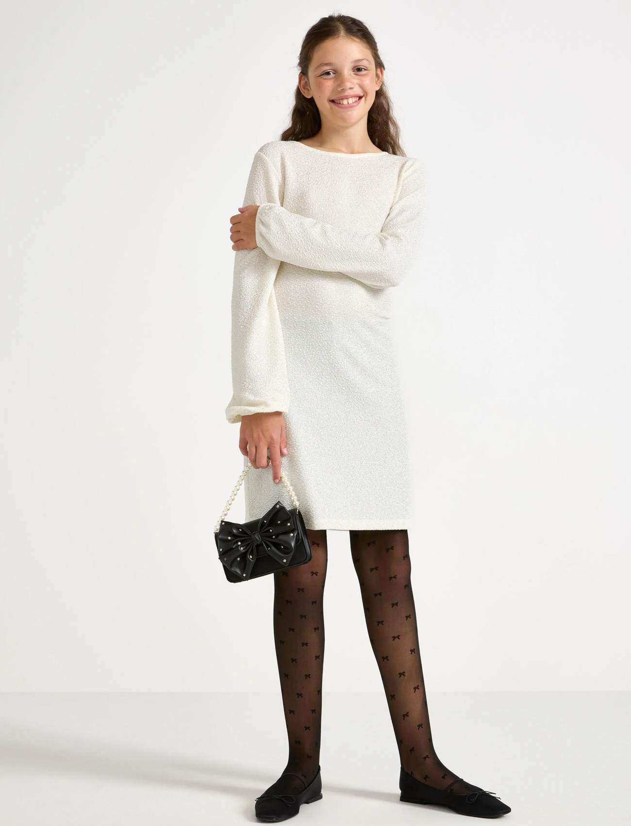 Lindex Dress With Puff Sleeves And Bo, 134/140, White, Fritidskjoler > Fritidskjoler Med Lange Ærmer, Børn