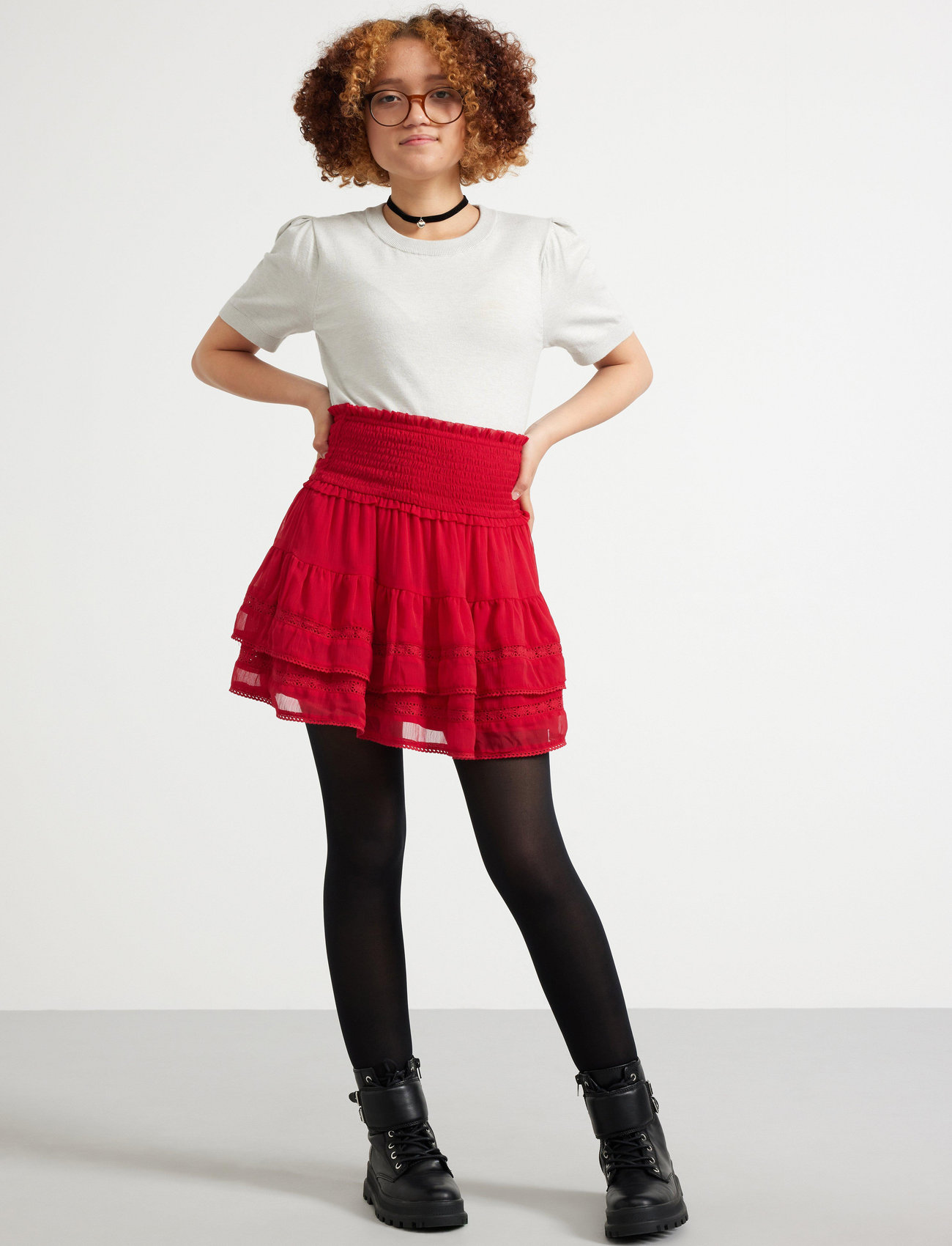 Lindex Skirt Flounce With Lace, 128, Red, Nederdele > Korte Nederdele, Børn