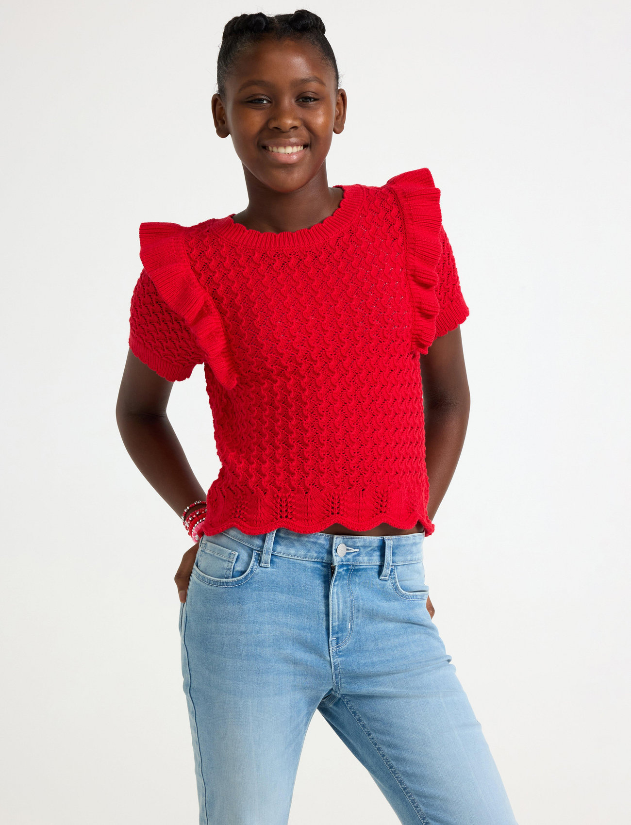 Lindex Top Knitted With Flounce, 128, Red, T-Shirts > Kortærmede, Børn