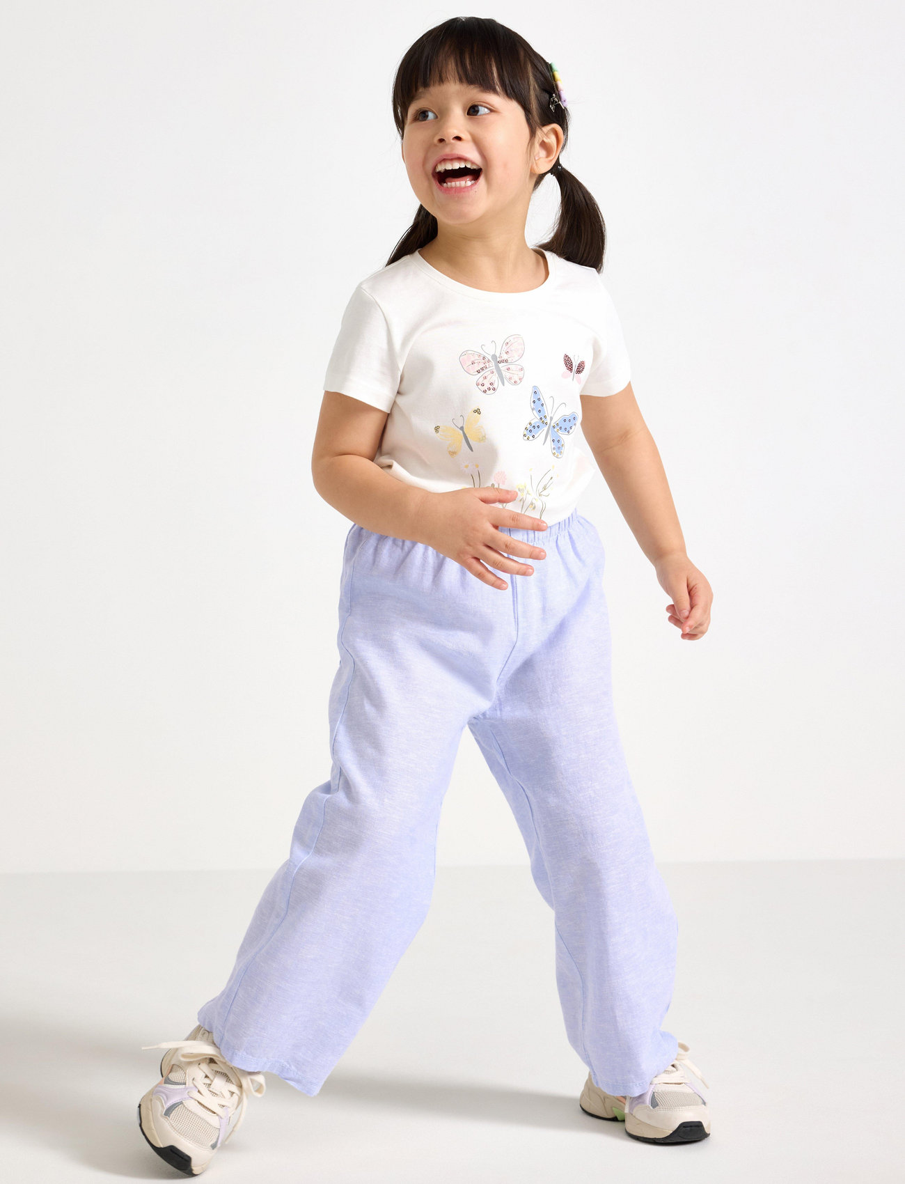 Lindex Trousers Wide Cropped Linen, 116, Blue, Underdele > Bukser, Børn