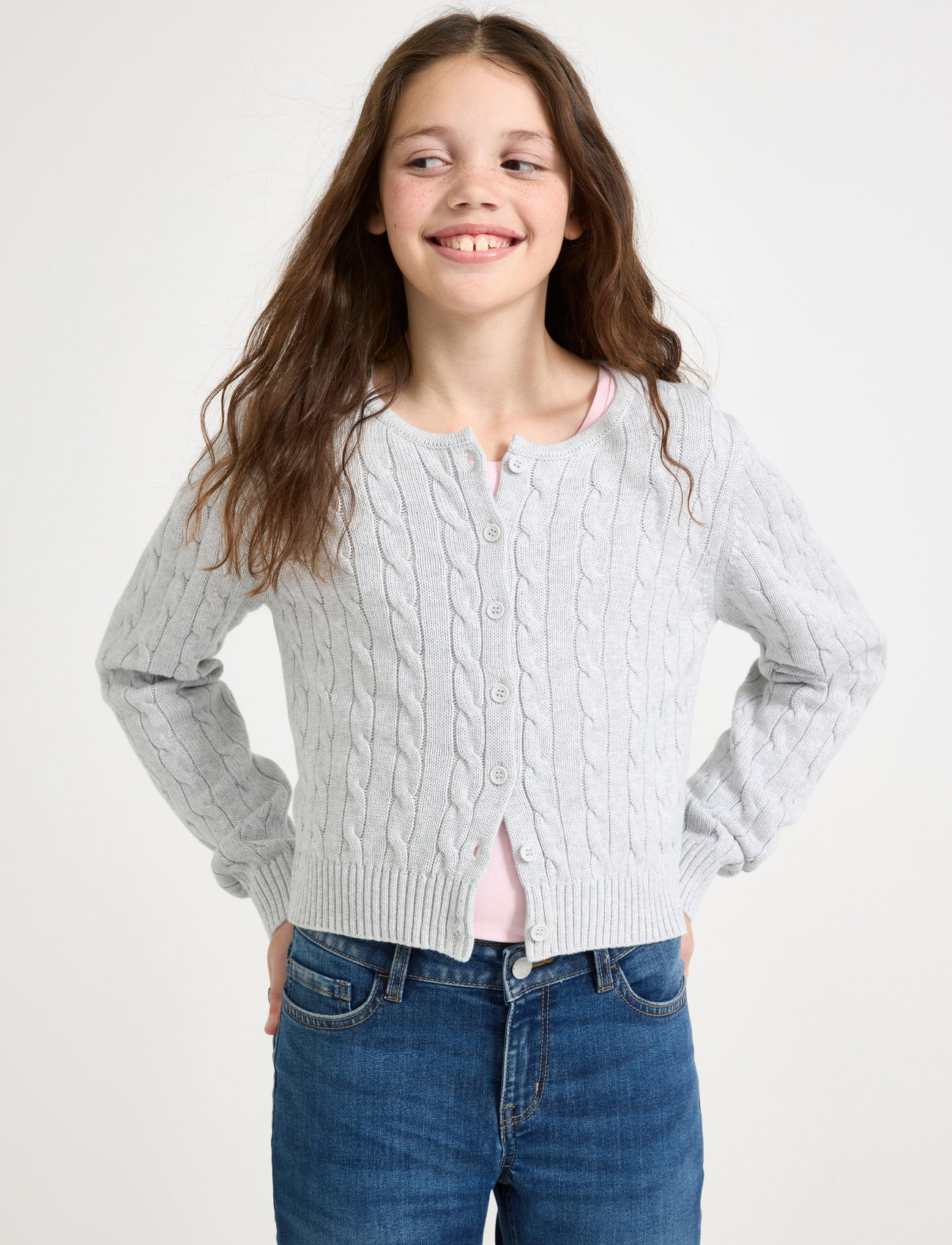 Lindex Cardigan With Cabels, 128, Grey, Strik > Cardigans, Børn