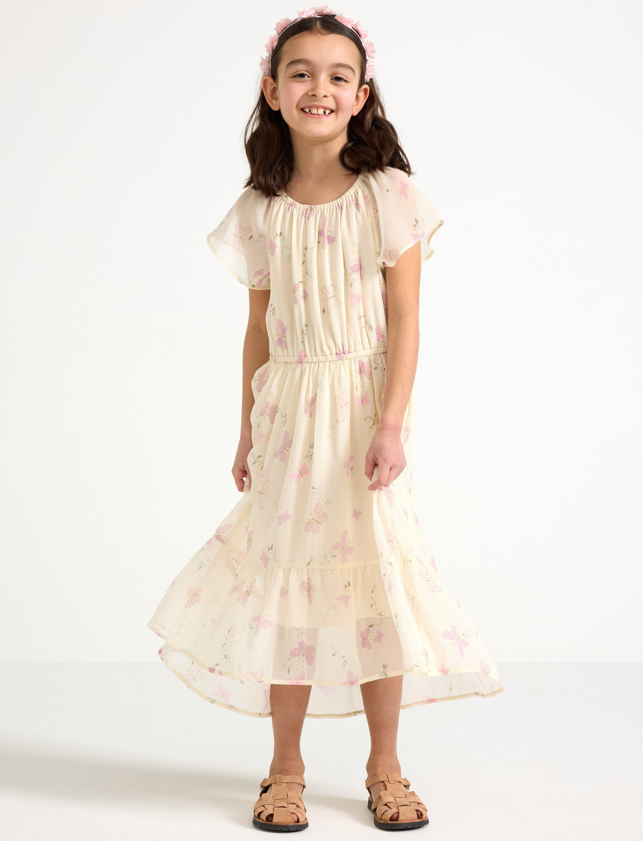 Lindex Dress Chiffon Hi Low Aop, 116, Cream, Kjoler > Festkjoler, Børn