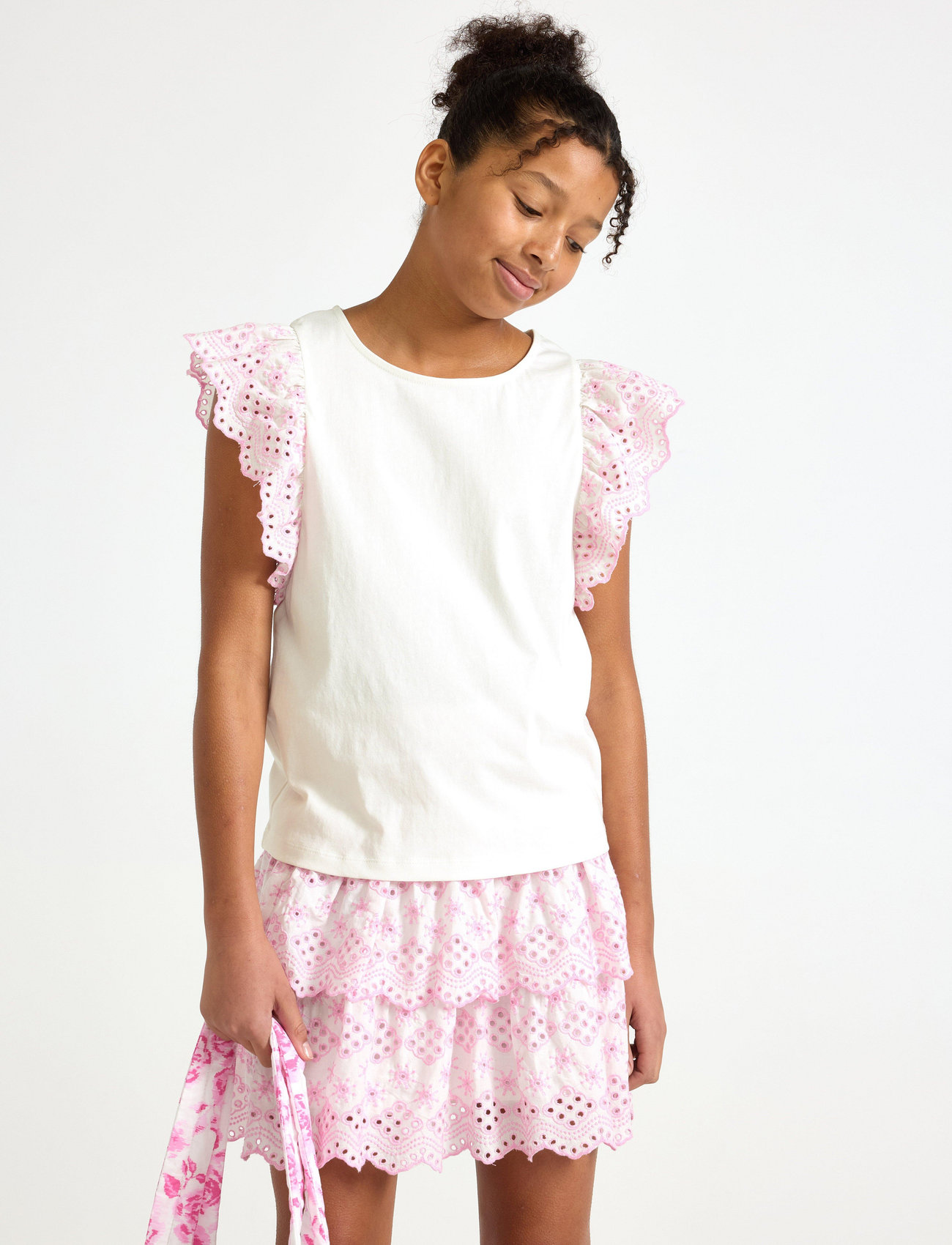 Lindex Top Jersey With Schiffly Sleev, 134/140, White, T-Shirts > Kortærmede, Børn