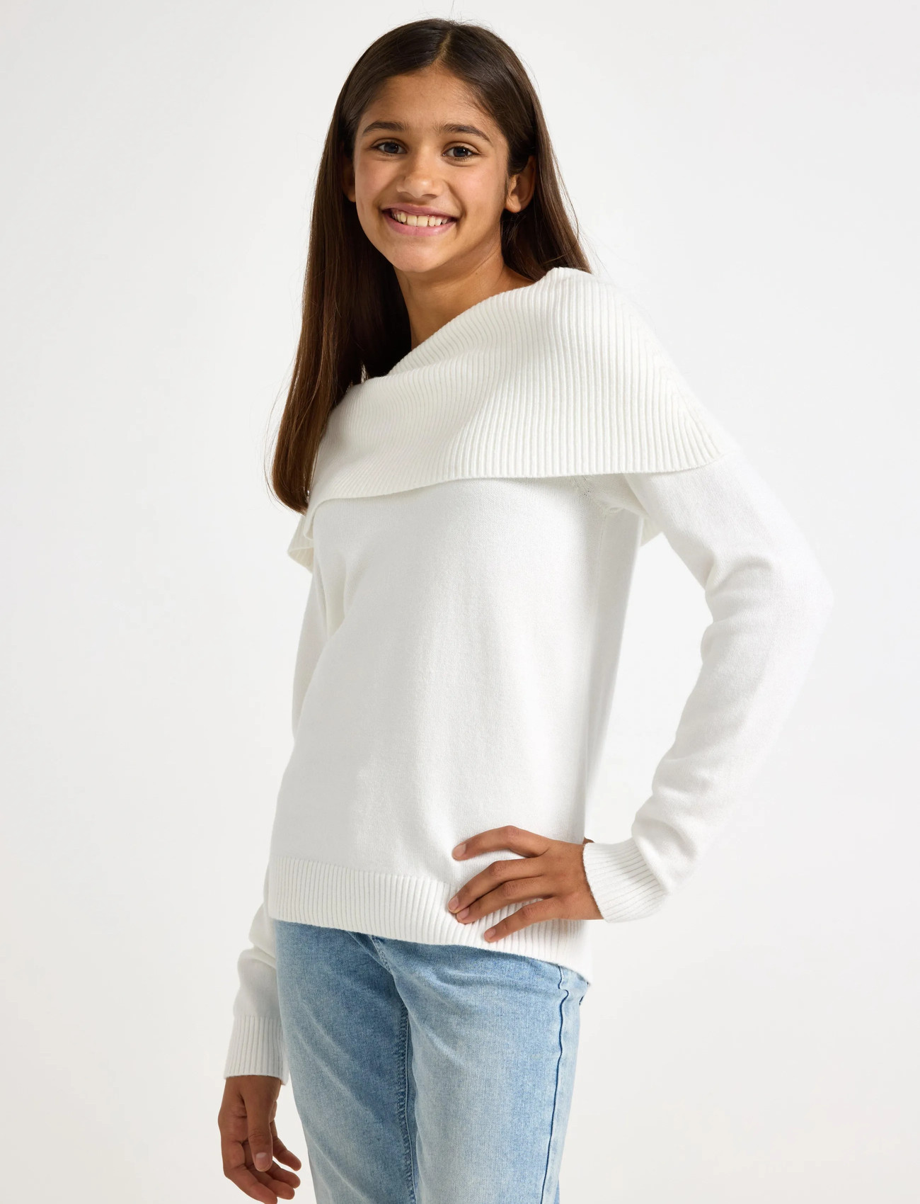 Lindex Sweater Knitted Fold Down, 128, White, Strik > Pullovere, Børn