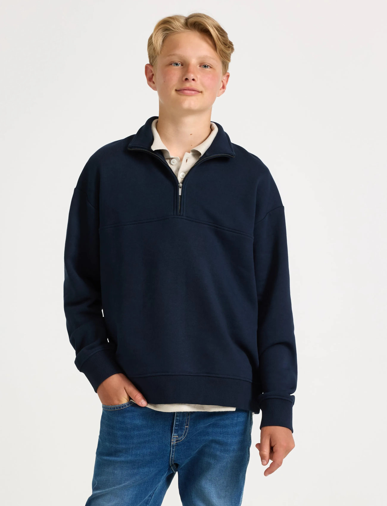 Lindex Sweater Halfzip Solid Cut N S, 128, Navy, Sweatshirts & Hættetrøjer > Sweatshirts, Børn