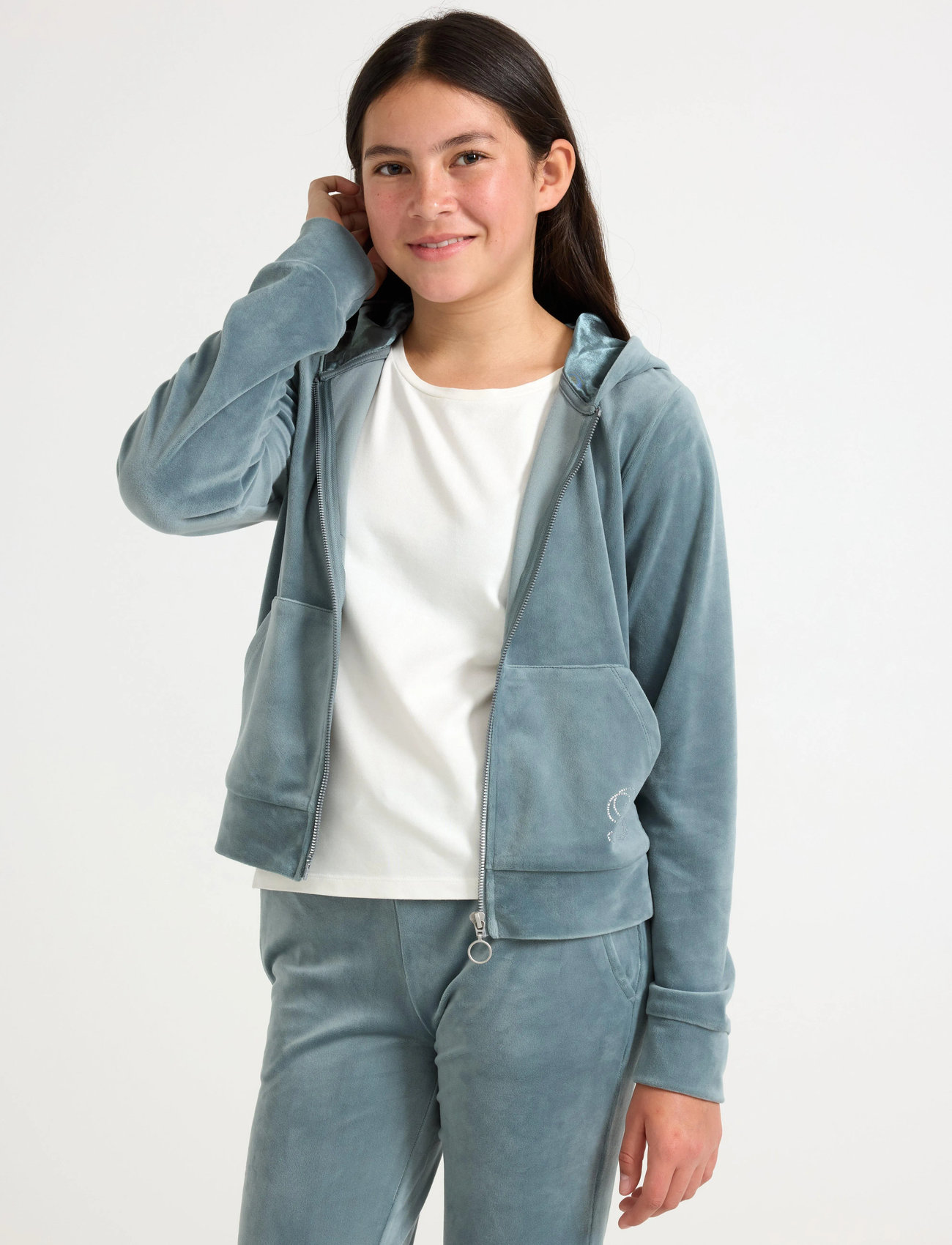 Lindex Hettegenser I Velur, 128, Blue, Sweatshirts & Hættetrøjer > Hættetrøjer, Børn