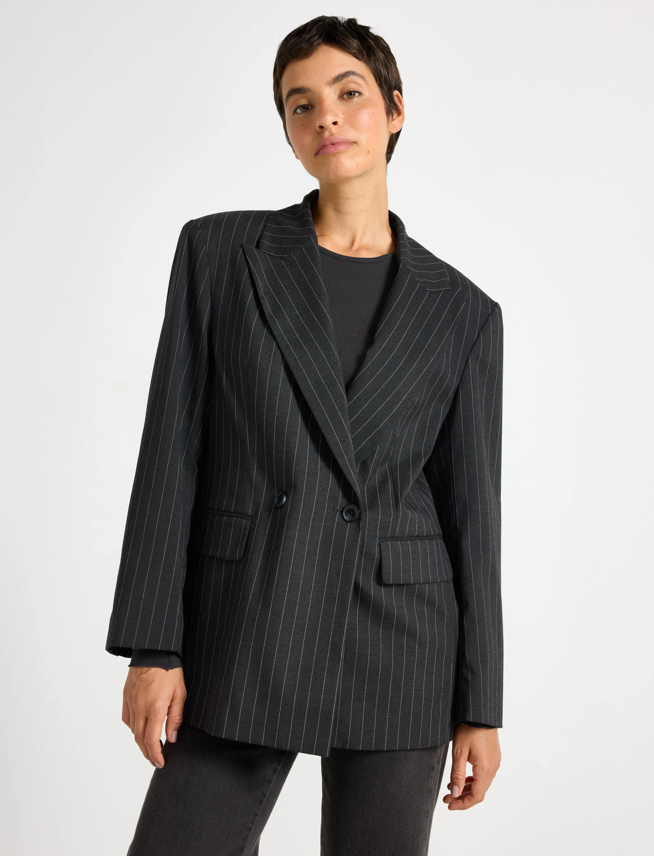 Lindex Nålestribet Blazer, XS, Grey, Blazere > Dobbeltradede Blazere, Dame