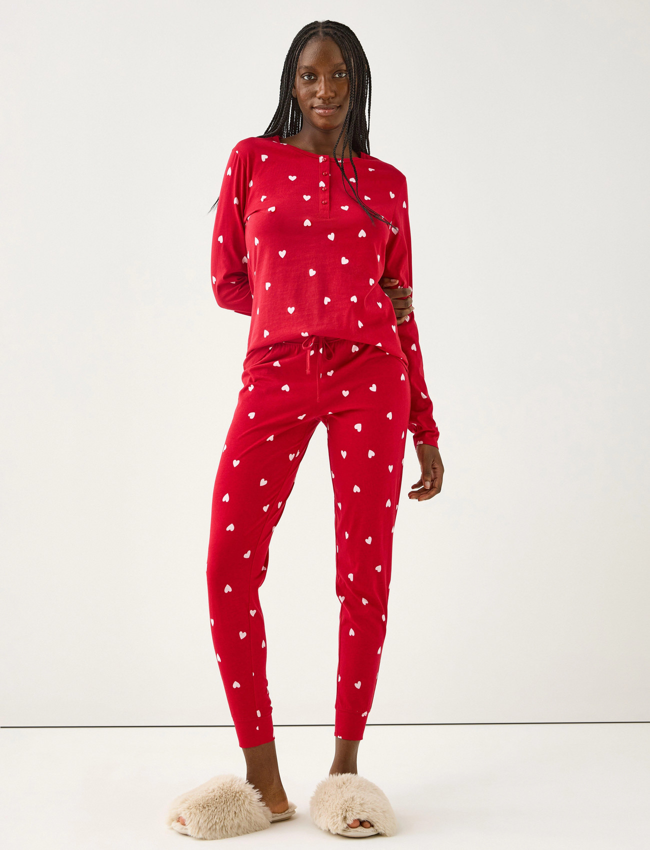 Lindex Henley Pyjama Aop, XXL, Red, Nat- Og Opholdstøj > Pyjamas (set), Dame