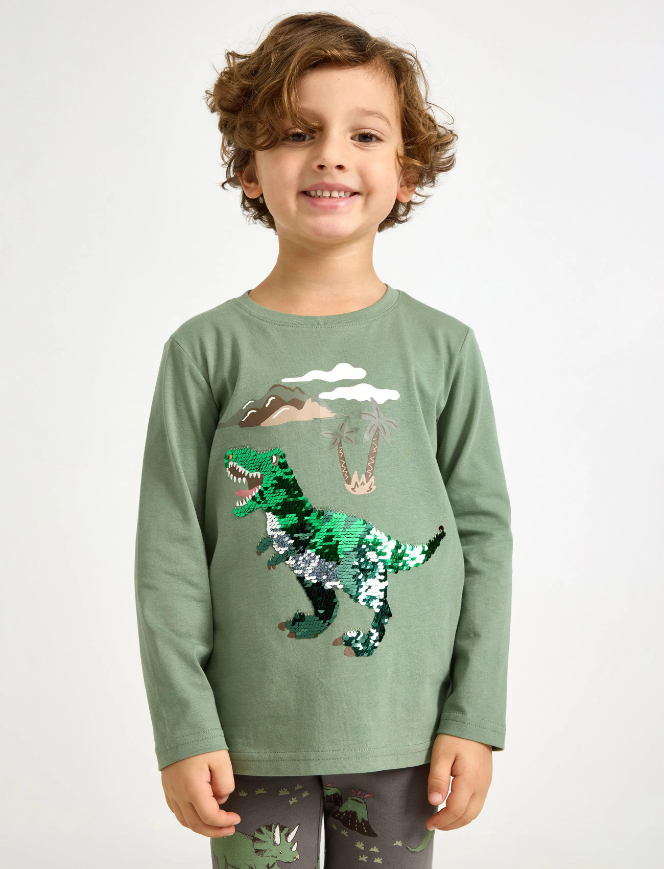 Lindex Top Ls Dino Flip Sequin, 104, Green, T-Shirts > Langærmede T-shirts, Børn
