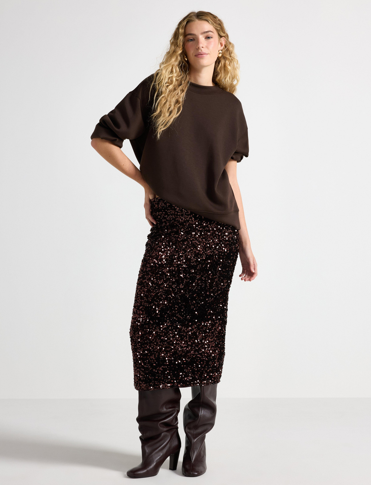 Lindex Midikjol Med Paljetter, XS, Brown, Nederdele > Knælange Og Midi Nederdele, Dame