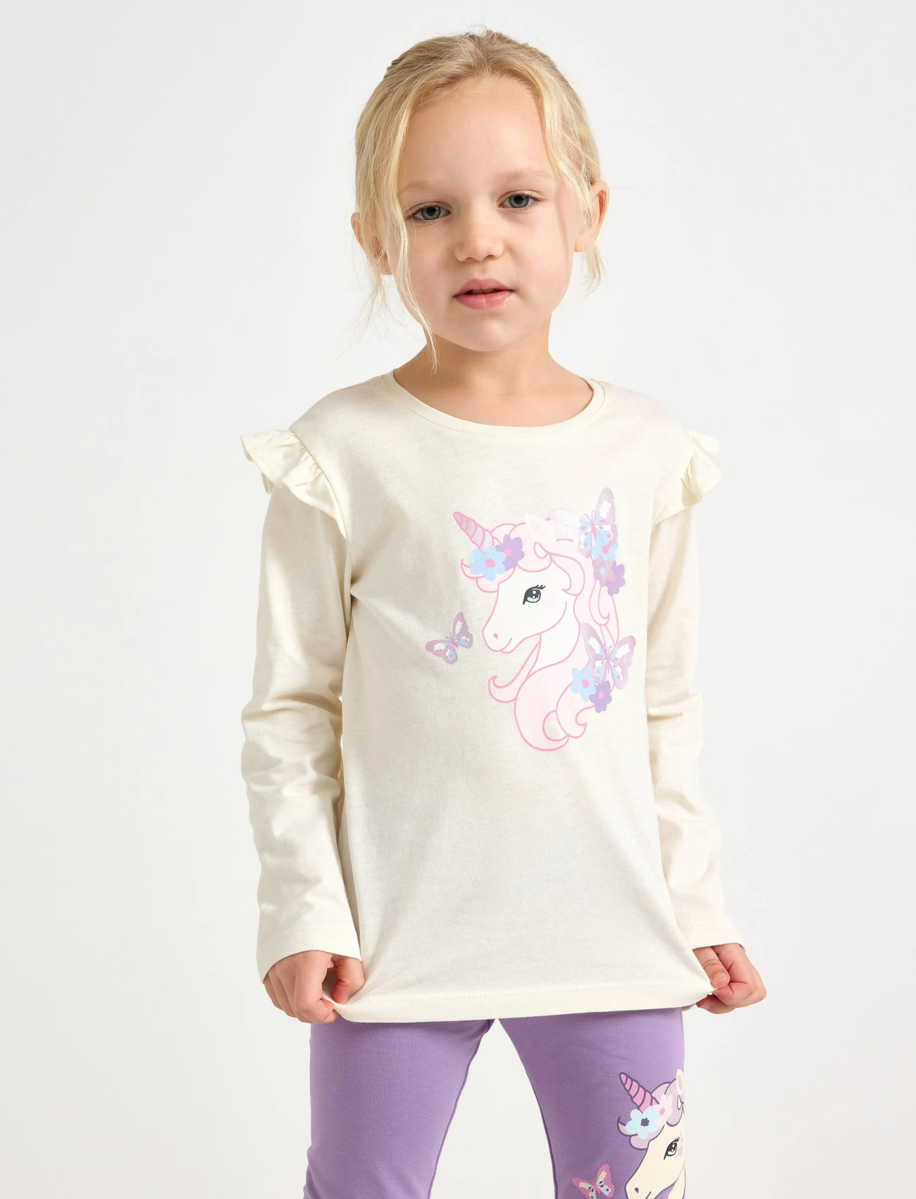 Lindex Top Ls Frill Detail Unicorn Pr, 104, Cream, T-Shirts > Langærmede T-shirts, Børn