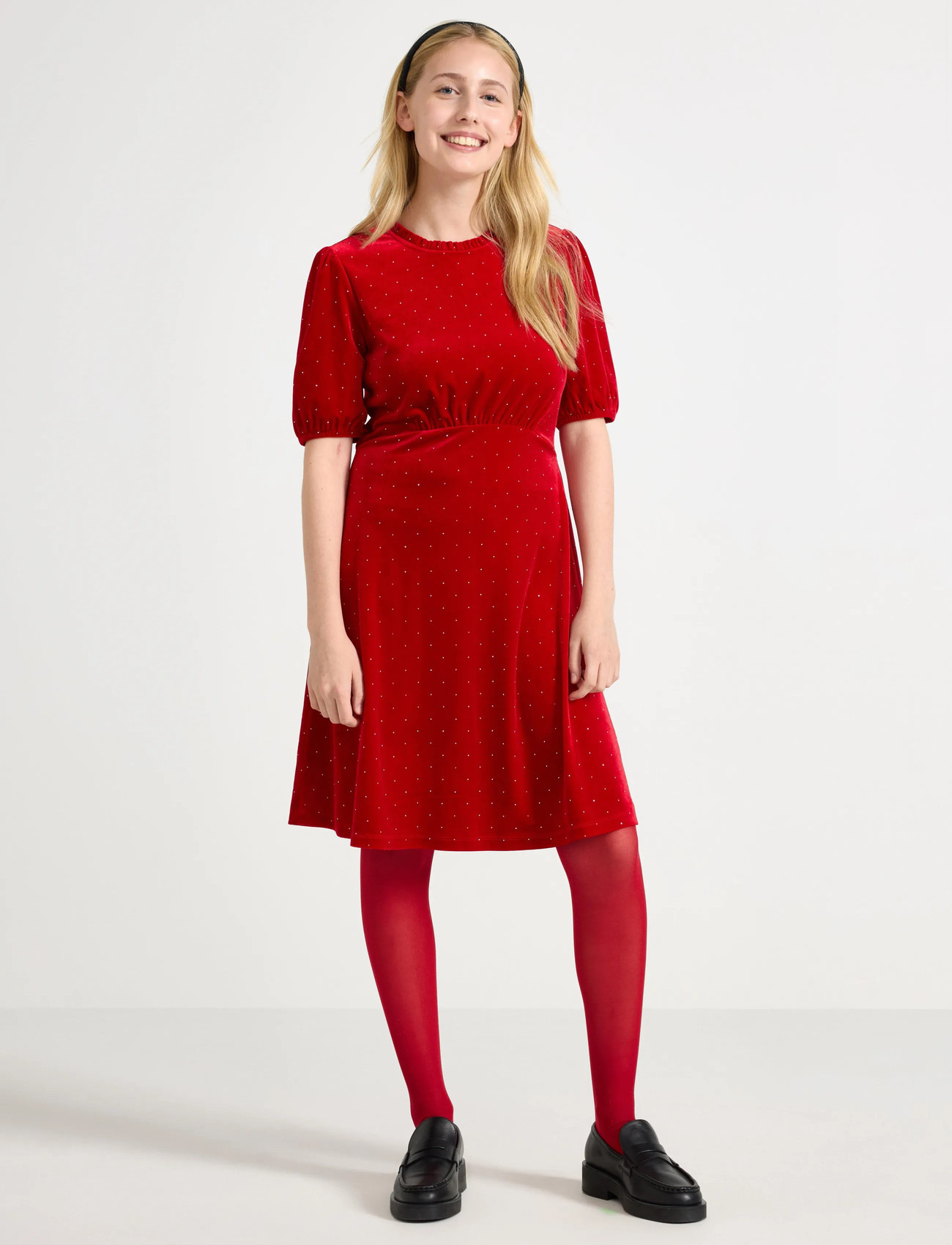 Lindex Dress Velvet With Gold Dots, 128, Red, Fritidskjoler > Kortærmede Fritidskjoler, Børn
