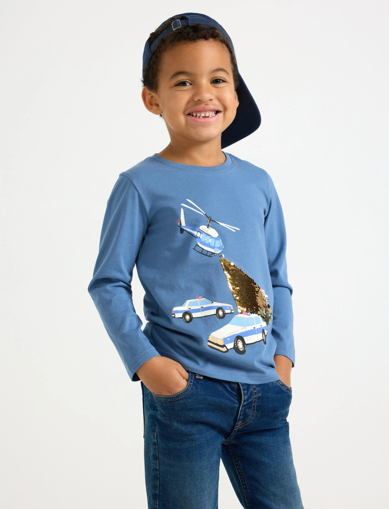 Lindex Top Ls Sos Police Sequin, 110, Blue, T-Shirts > Langærmede T-shirts, Børn