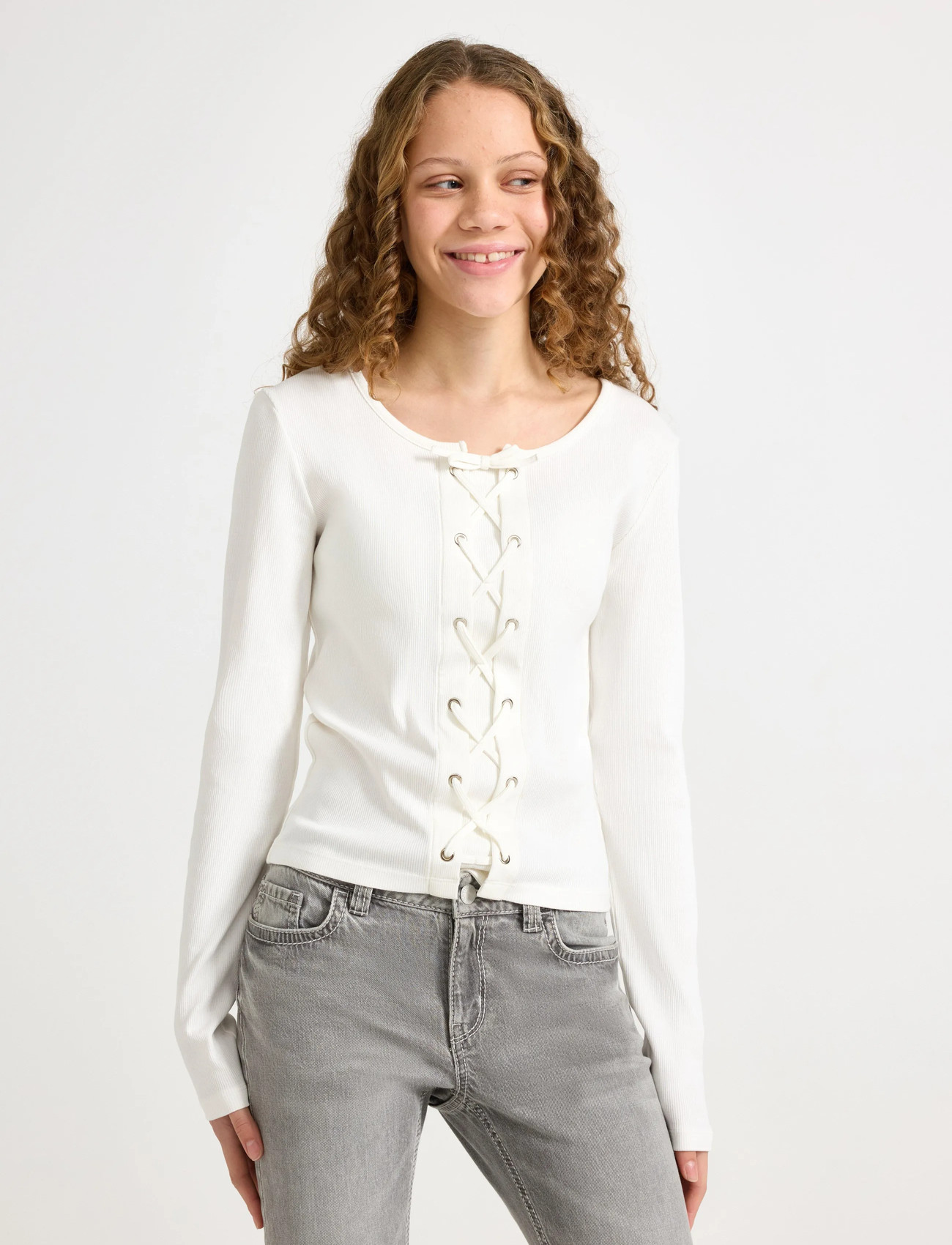 Lindex Top With Lacing, 170, White, T-Shirts > Langærmede T-shirts, Børn