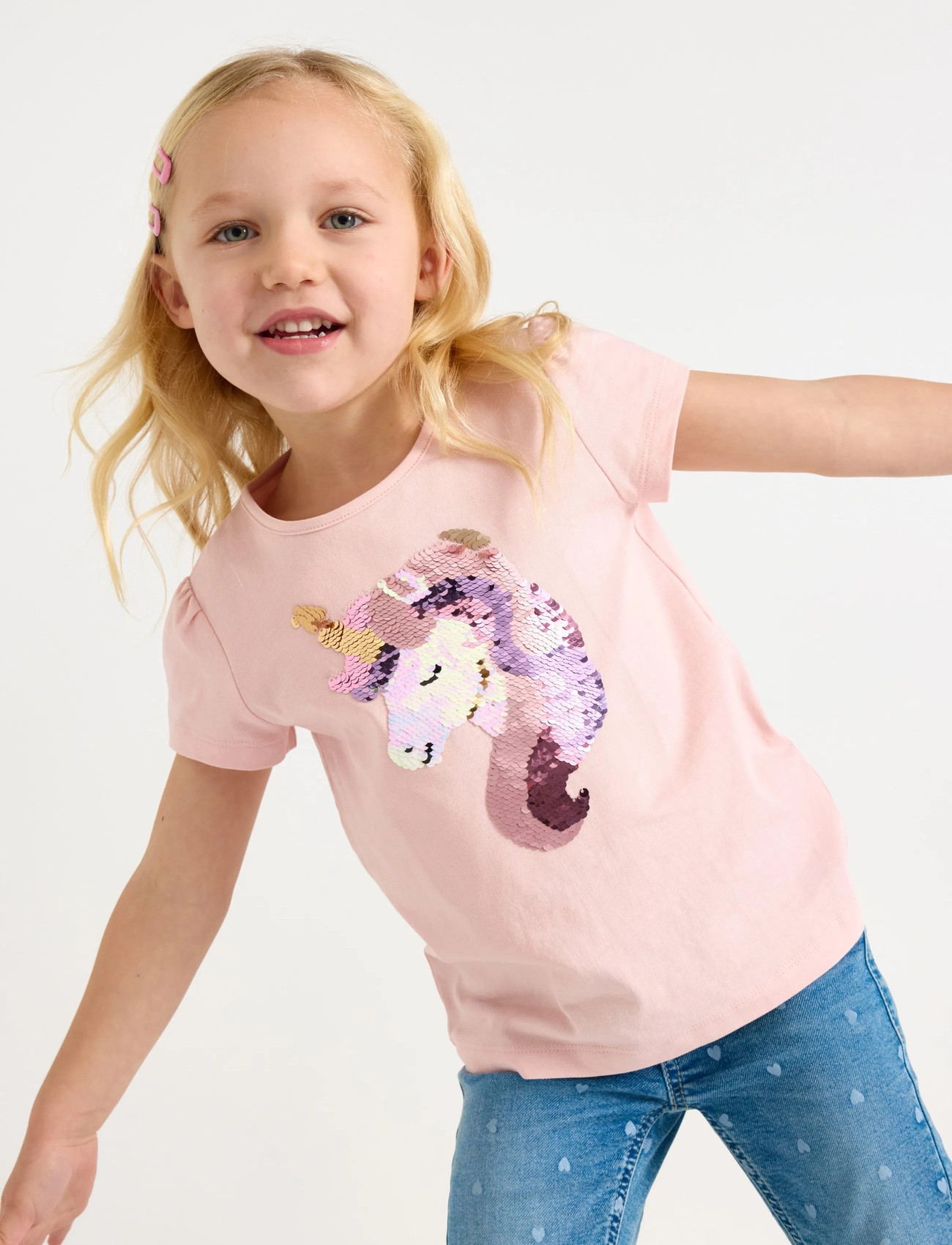 Lindex Short-Sleeved Top With Reversible Sequins Motif, 110, Pink, T-Shirts > Kortærmede, Børn