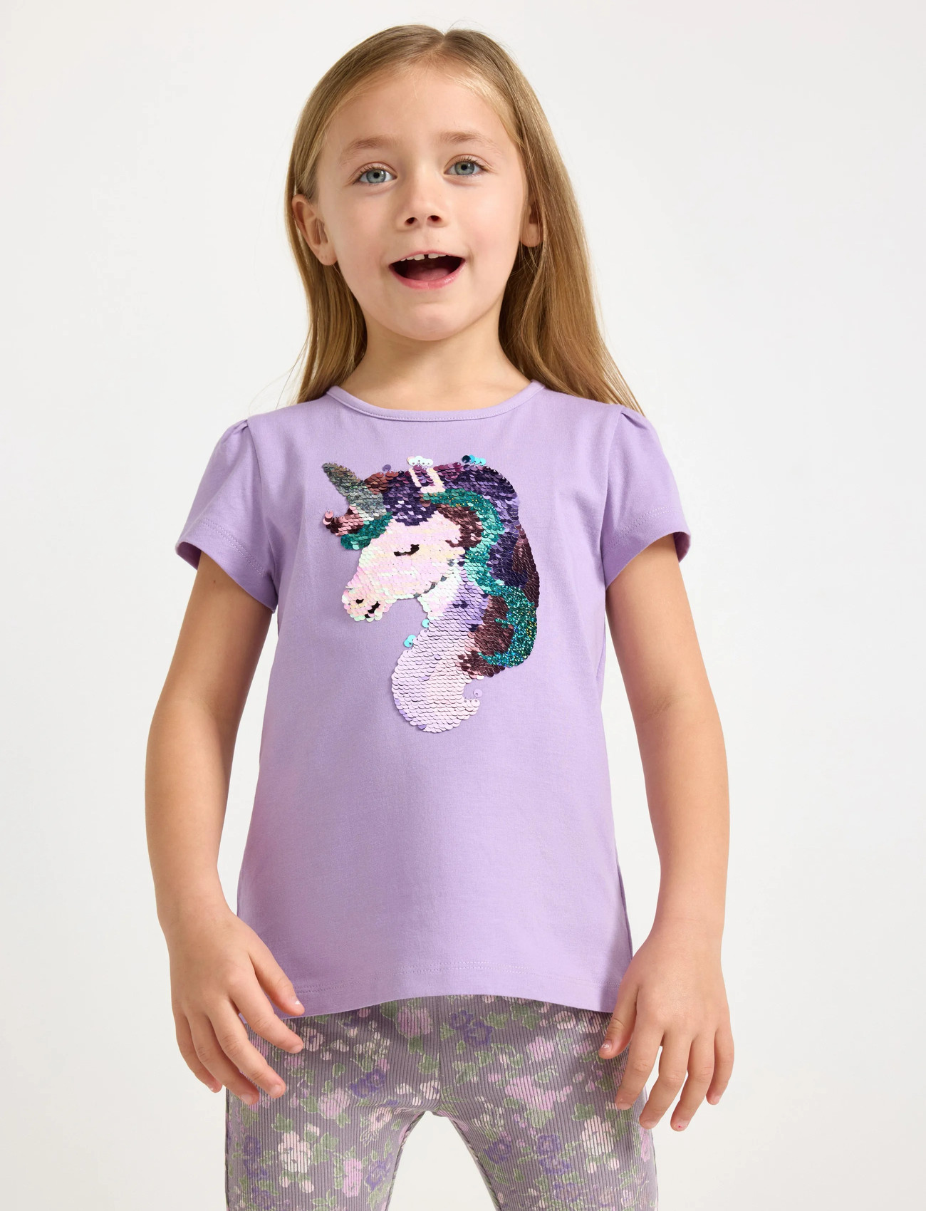 Lindex Short-Sleeved Top With Reversible Sequins Motif, 110, Purple, T-Shirts > Kortærmede, Børn