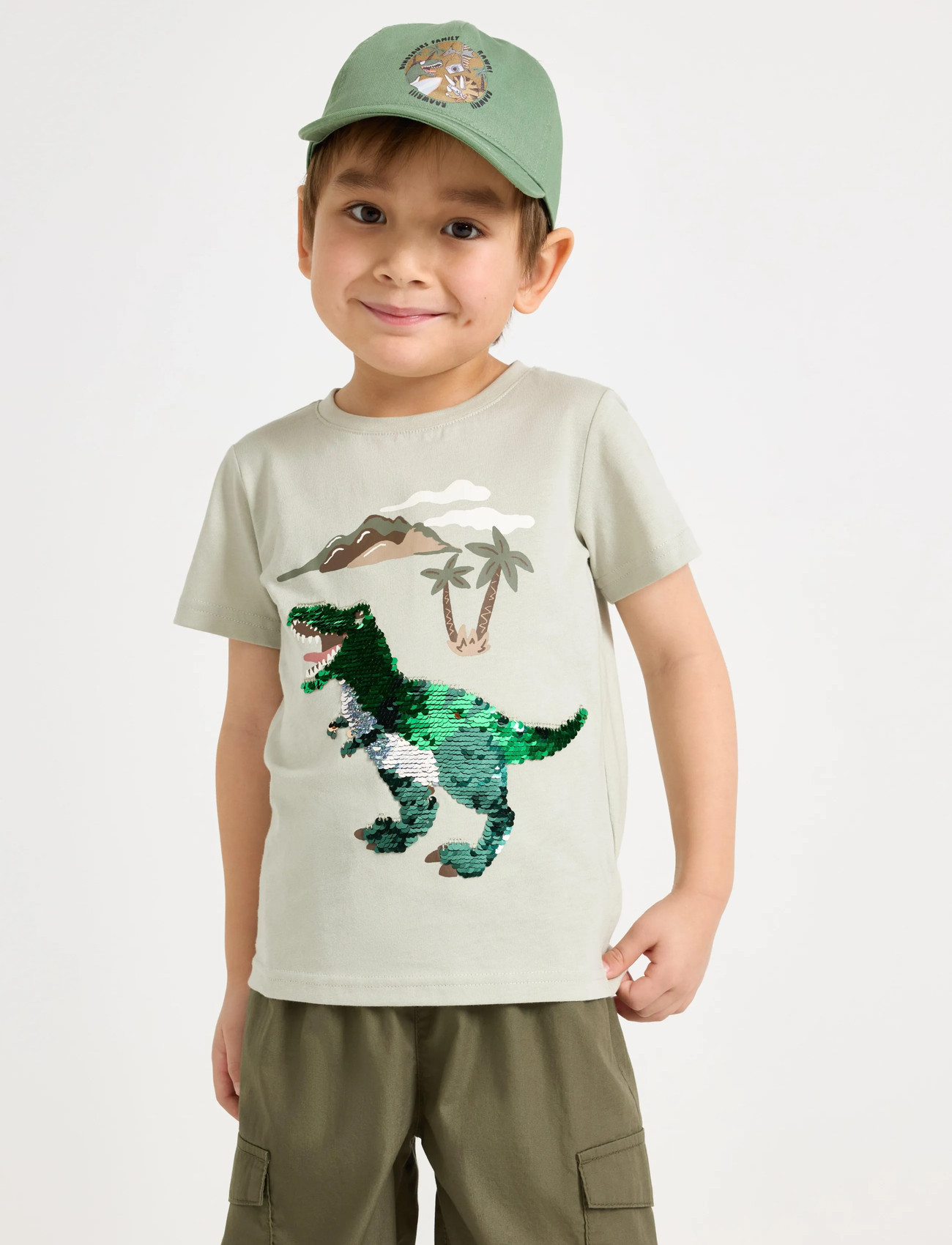 Lindex Short-Sleeved Top With Reversible Sequins Motif, 104, Khaki green, T-Shirts > Kortærmede, Børn