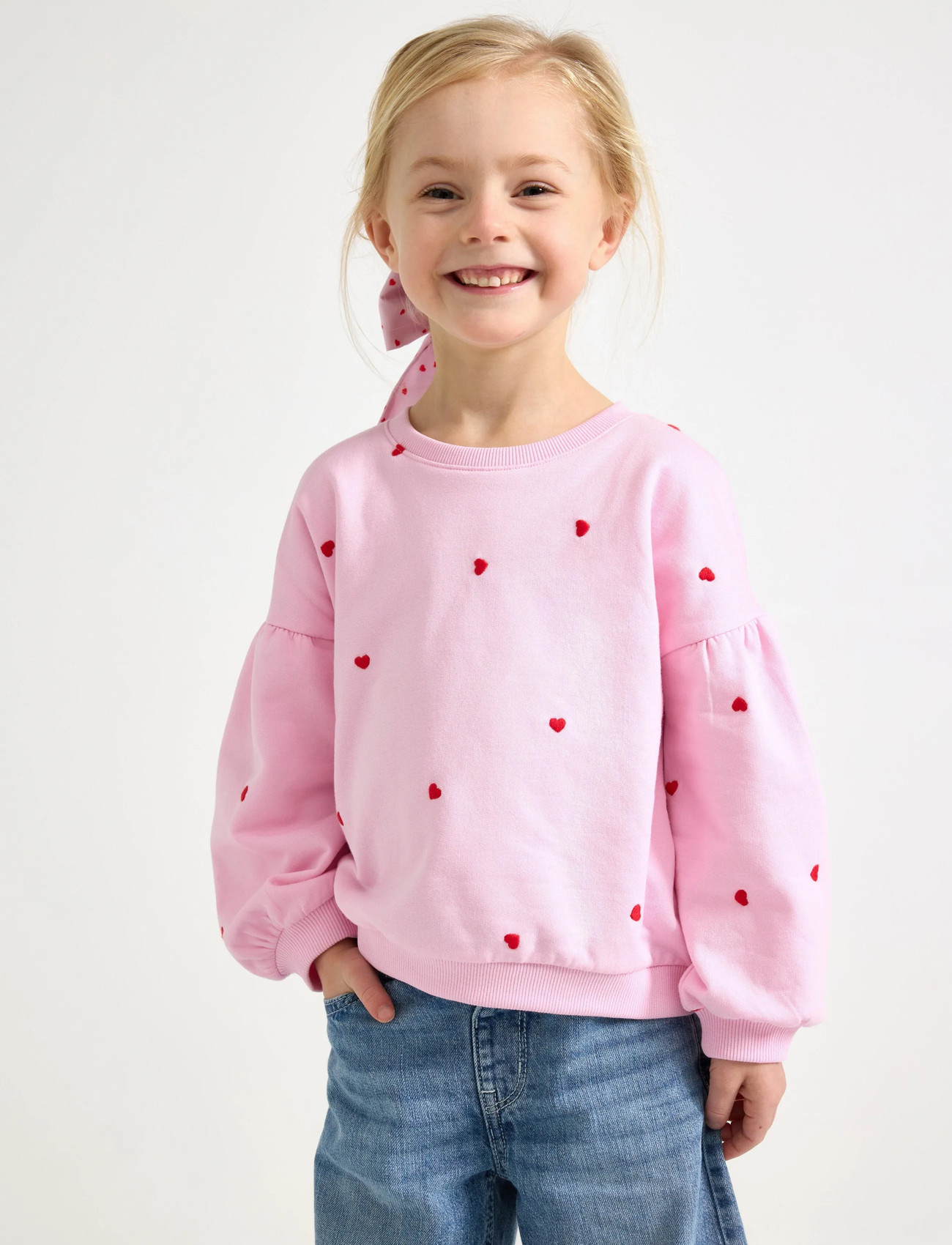 Lindex Sweater Cropped Embroidery Hea, 104, Pink, Sweatshirts & Hættetrøjer > Sweatshirts, Børn