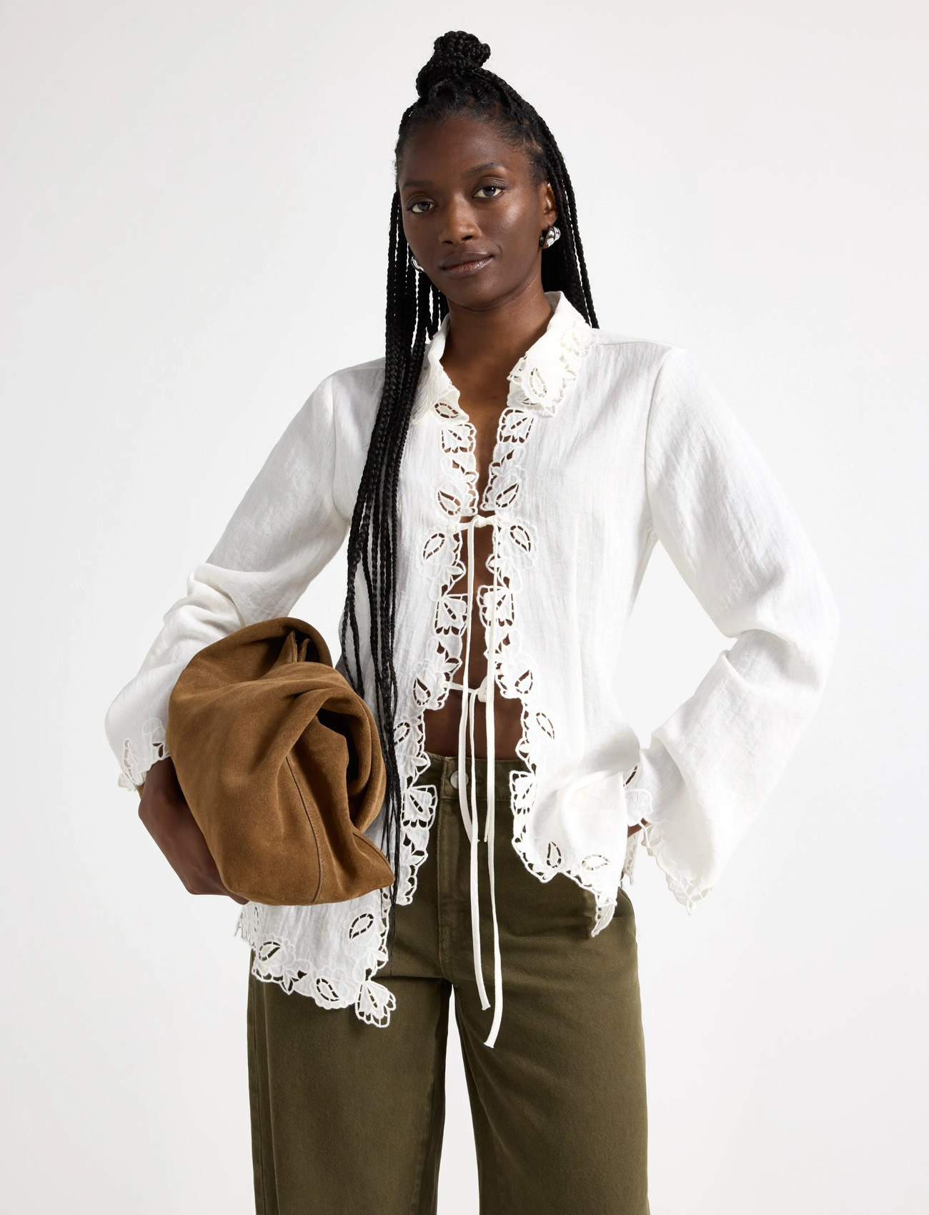 Lindex Embroidered Blouse With Tie Band, M, White, Bluser > Langærmede, Dame