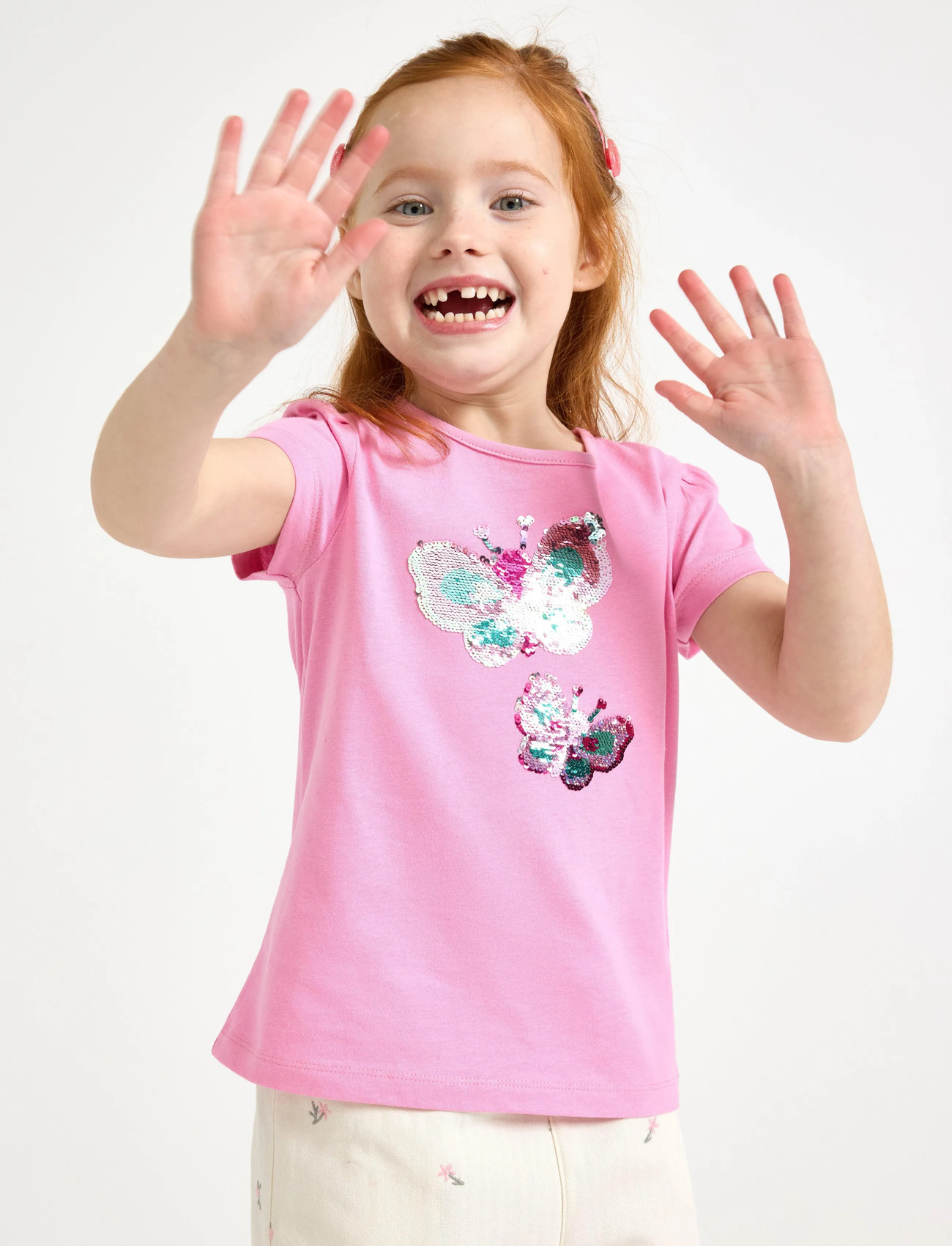 Lindex Top Ss Butterfly Flipsequins, 128, Pink, T-Shirts > Kortærmede, Børn