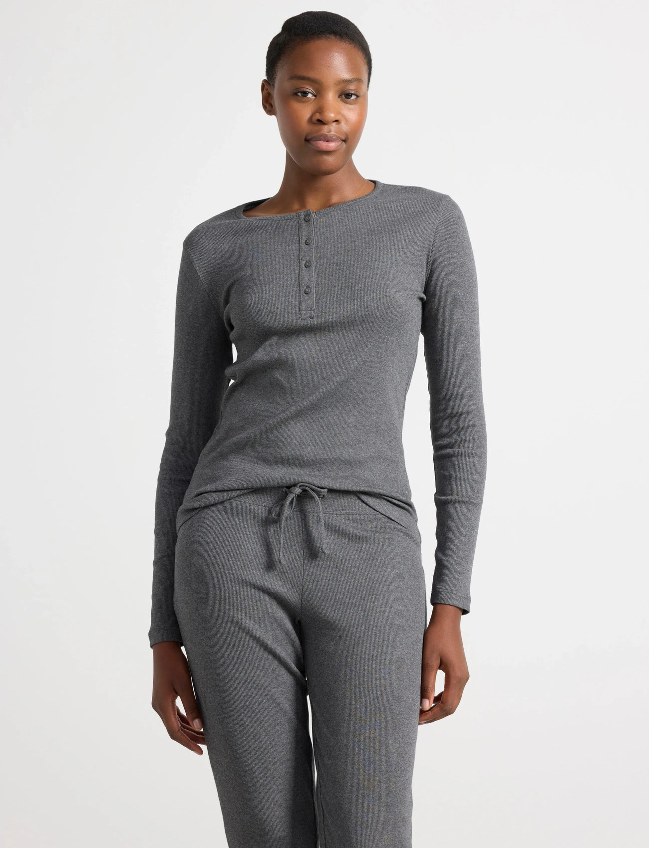 Lindex Ribbed Long Sleeve Pyjama Top, XS, Grey, T-Shirts & Toppe > Langærmede, Dame