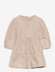 Dress woven seersucker check - long-sleeved baby dresses - beige
