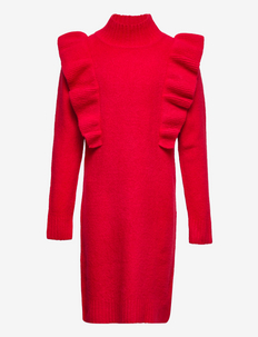 Knitted dress red flounce - robes décontractées à manches longues - red