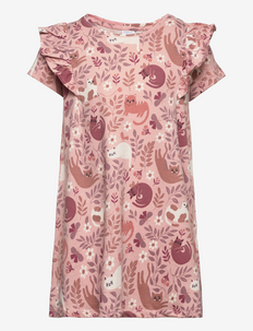 Top long frill ss aop cats - short-sleeved casual dresses - dusty pink