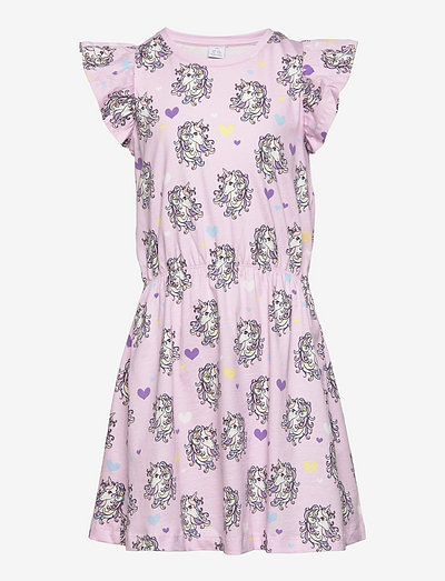 Dress AOP with frill and waist - short-sleeved casual dresses - pink