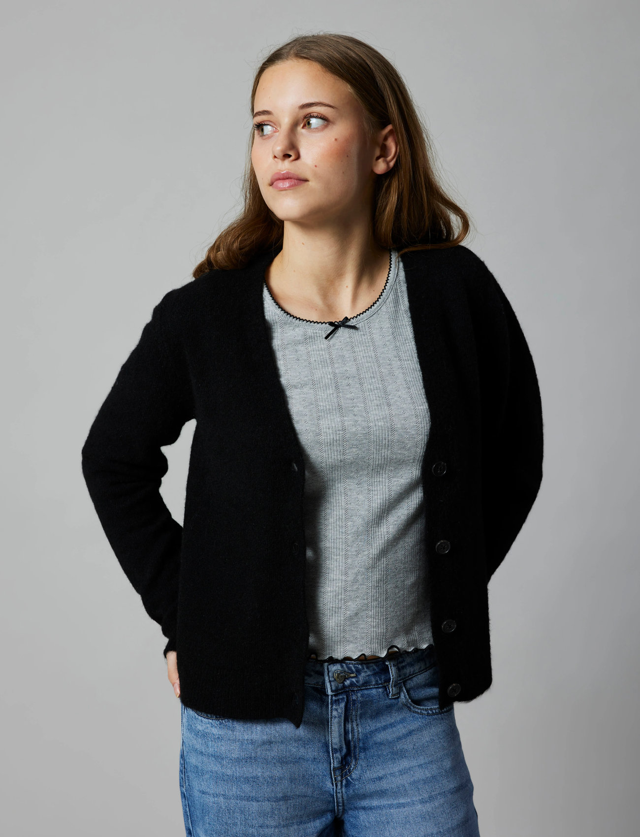 LMTD Nlfnamel Ls Short Deep Neck Top, 158-164, Grey, T-Shirts > Langærmede T-shirts, Børn