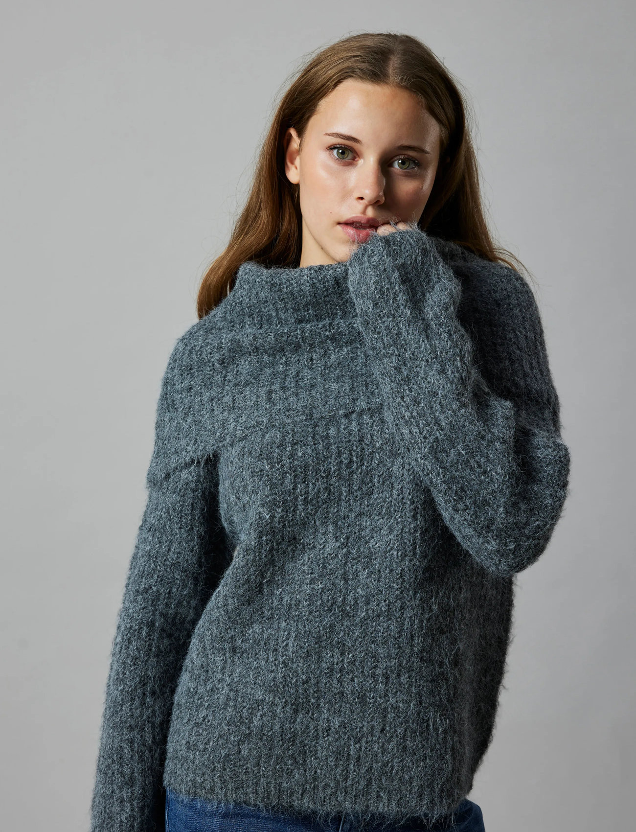 LMTD Nlfnulo Ls Short Fold Down Knit, 158-164, Grey, Strik > Pullovere, Børn