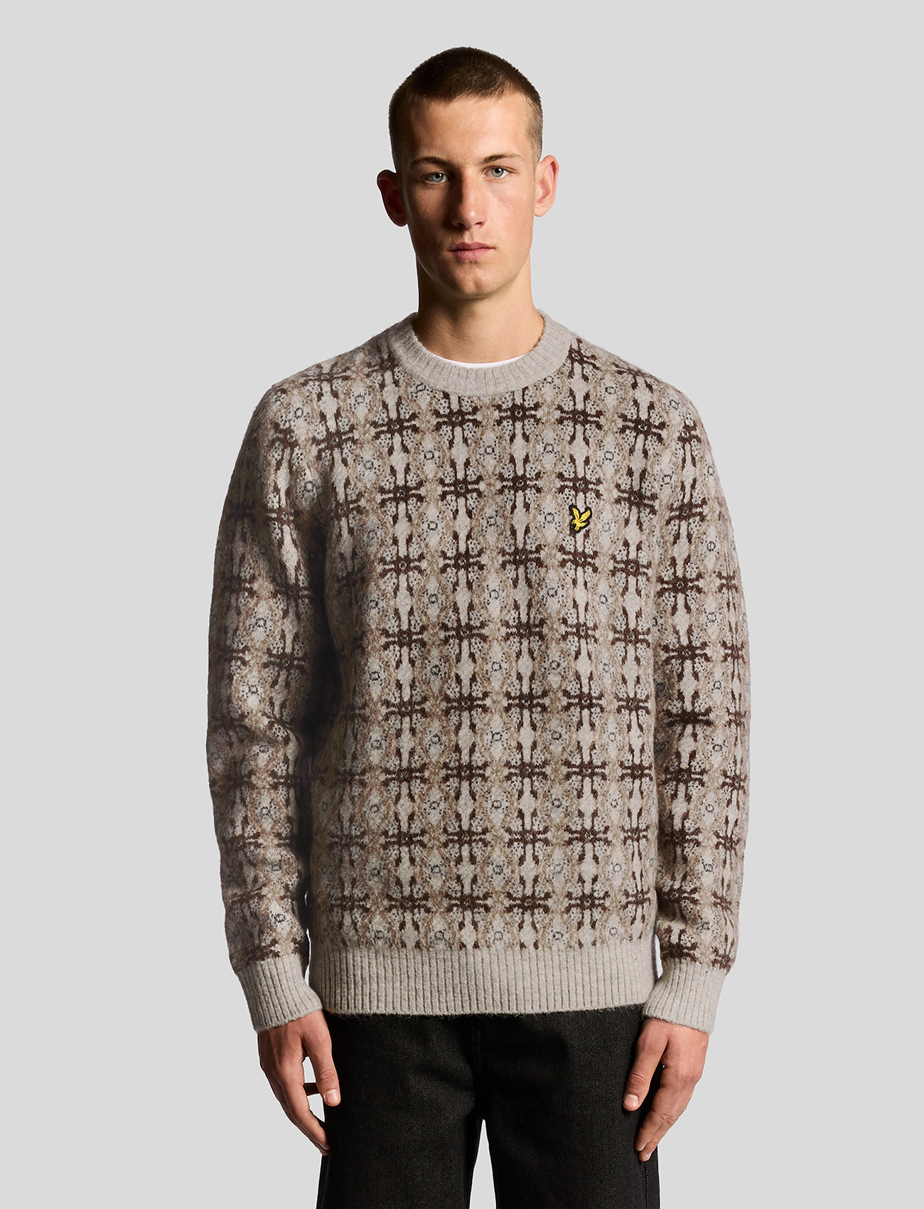 Lyle & Scott Brushed Intarsia Crew Neck Jumper, S, Brown, Strik > Runde Halse, Herre