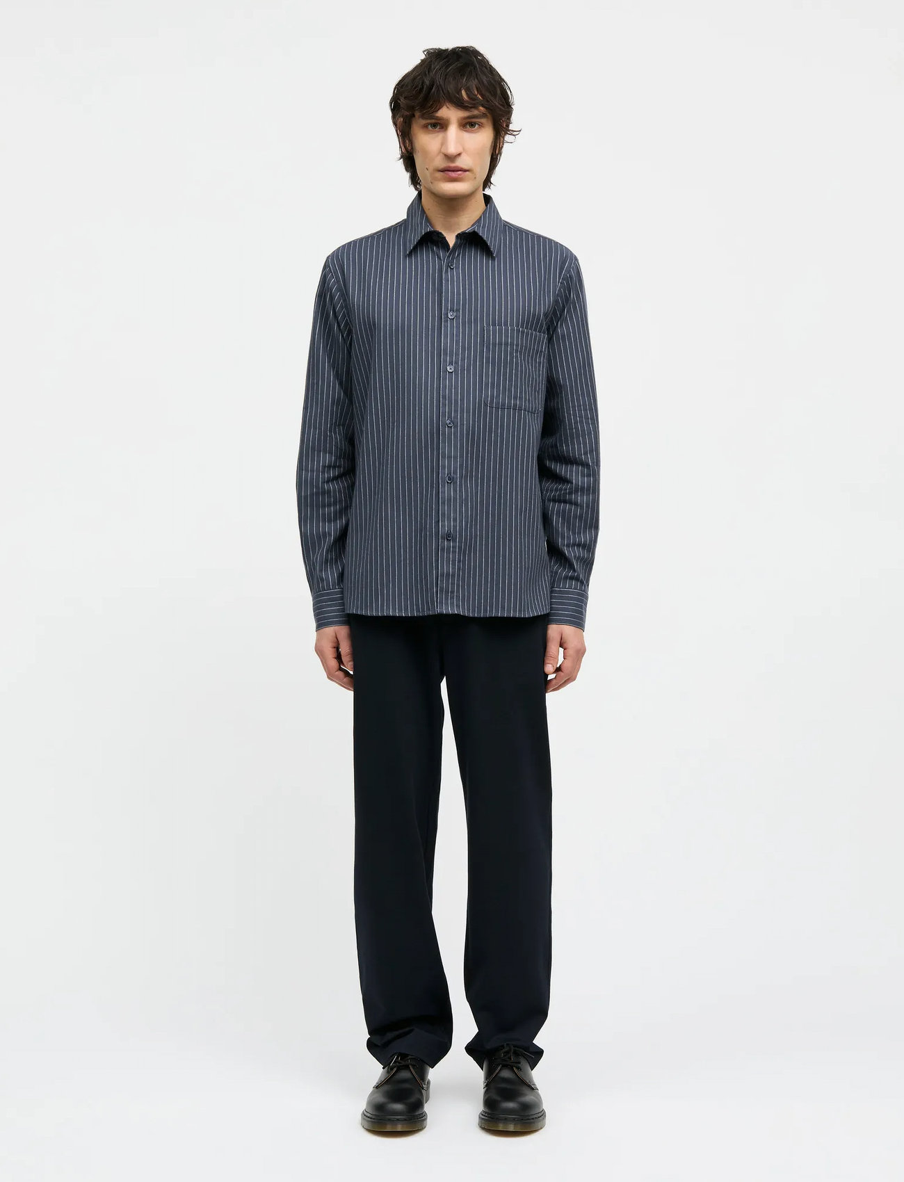 Mads Nørgaard Cotton Flannel Stripe Sune Shirt, M, Navy, Shirts - Casual Shirts, Herre